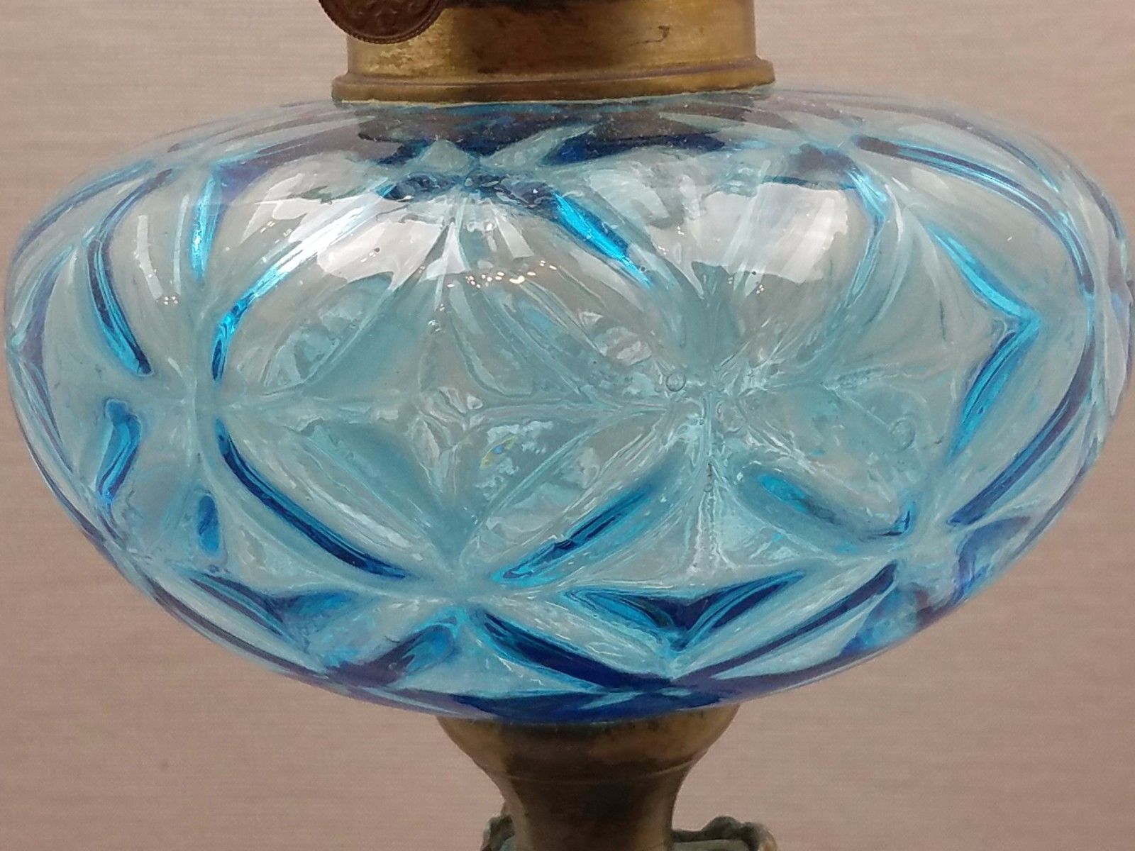 Antique Sapphire Blue Victorian Oil Lamp w matching Ruffle Shade France Chimney