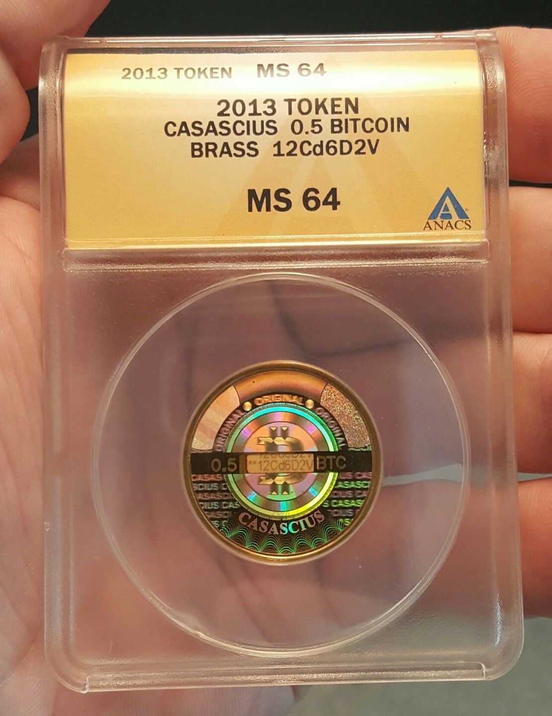 2013 ANACS MS 64 Casascius Funded 0.5 BTC Physical Bitcoin Brass Token Coin Rare