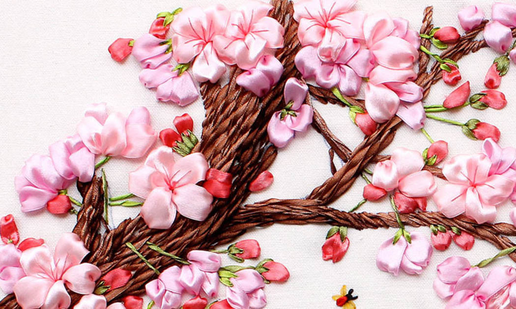 Handmade Embroidery Finished Ribbon Fabric Wall Art Decor Floral Bridal Couple