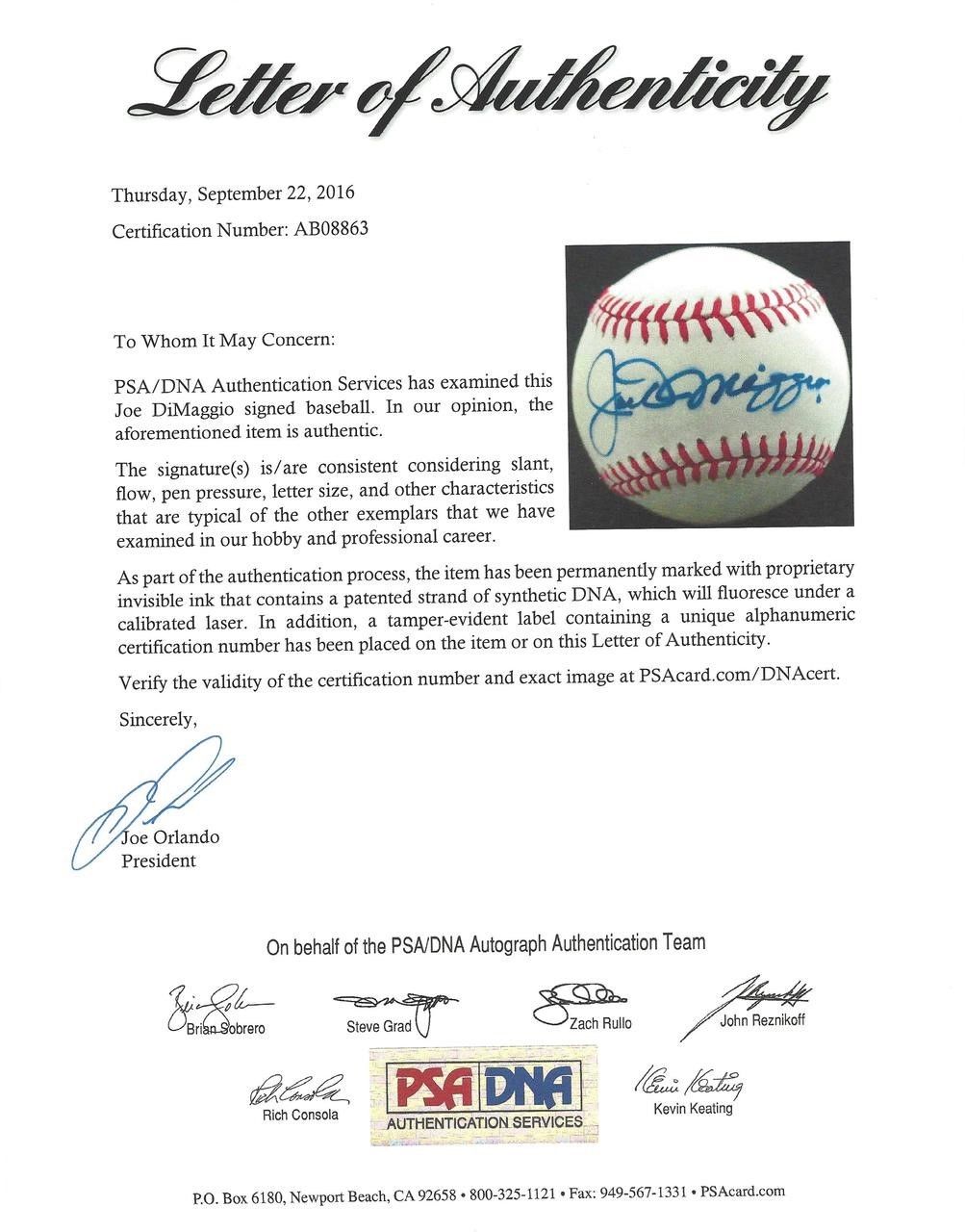 Joe DiMaggio Autographed Signed Official AL Baseball New York Yankees PSA/DNA