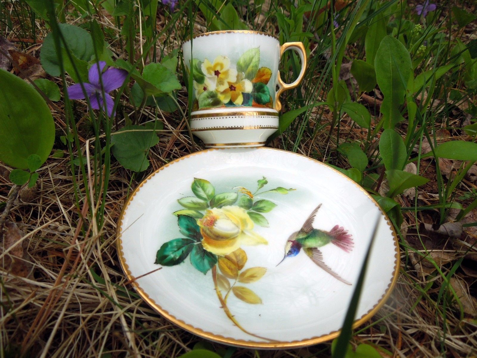 Antique Cup Saucer George Jones Yellow Roses Flowers Floral Hand Painted Gold