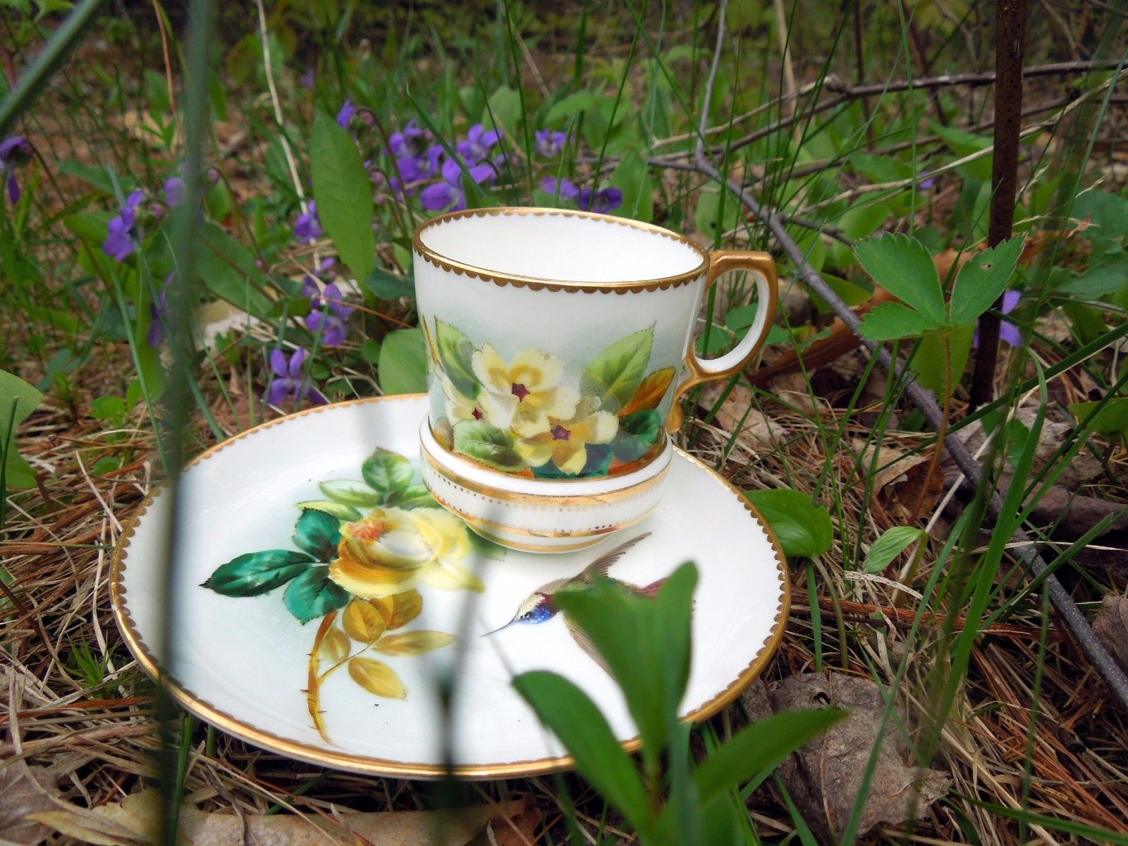 Antique Cup Saucer George Jones Yellow Roses Flowers Floral Hand Painted Gold