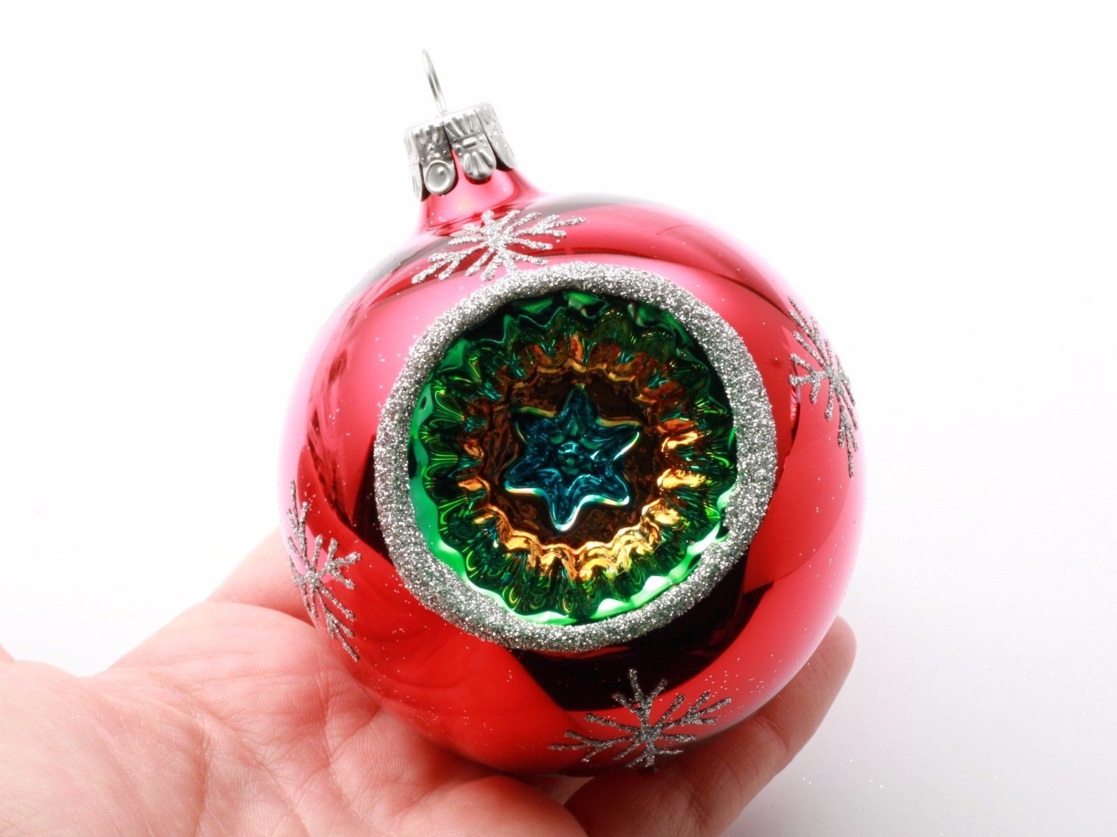 Set of 6 hand blown Czech glass Christmas tree ornaments bauble gold red green