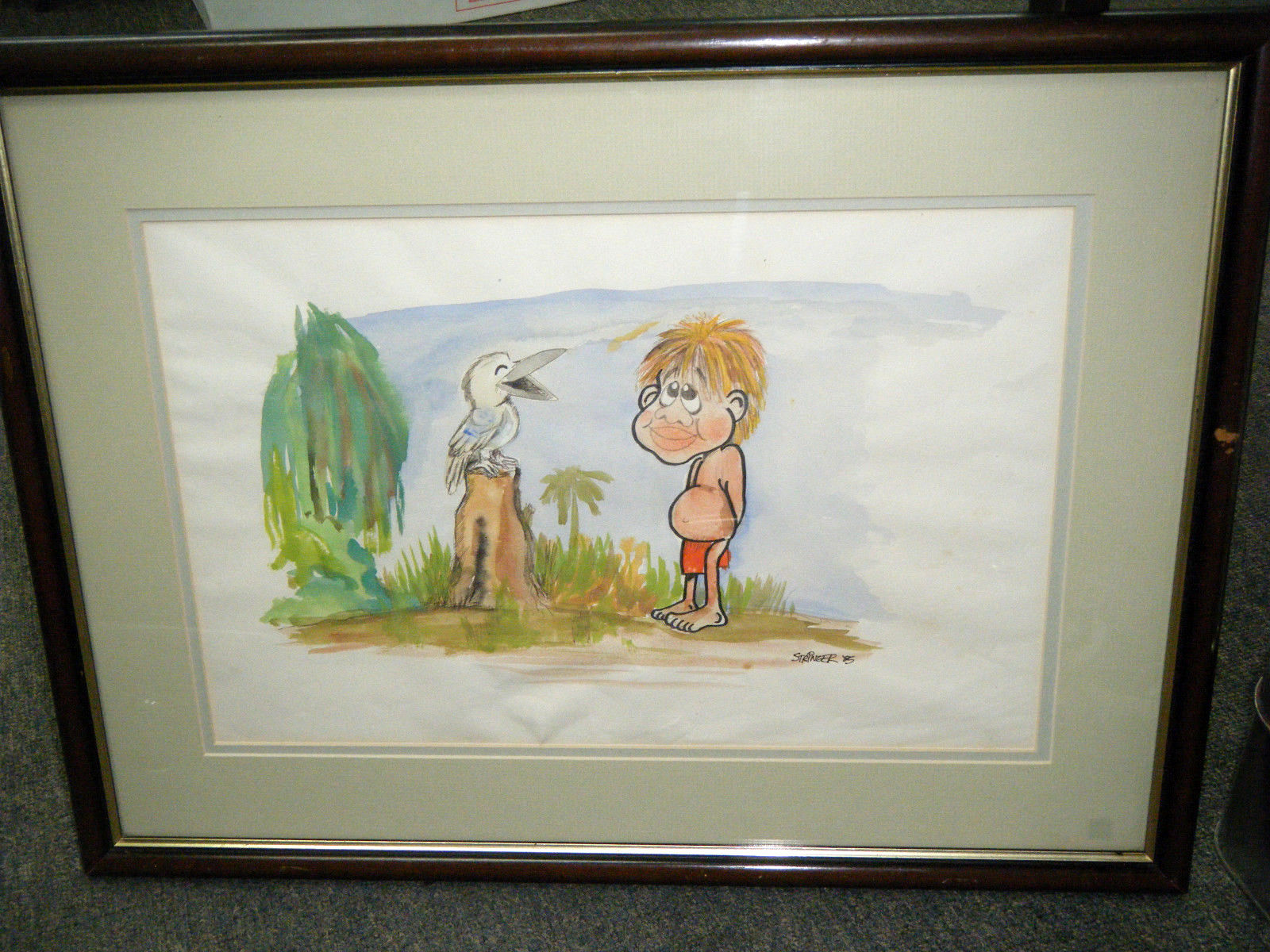 Vintage c1985 Framed Cartoon Australian Artwork - Aboriginal Boy & Kookaburra