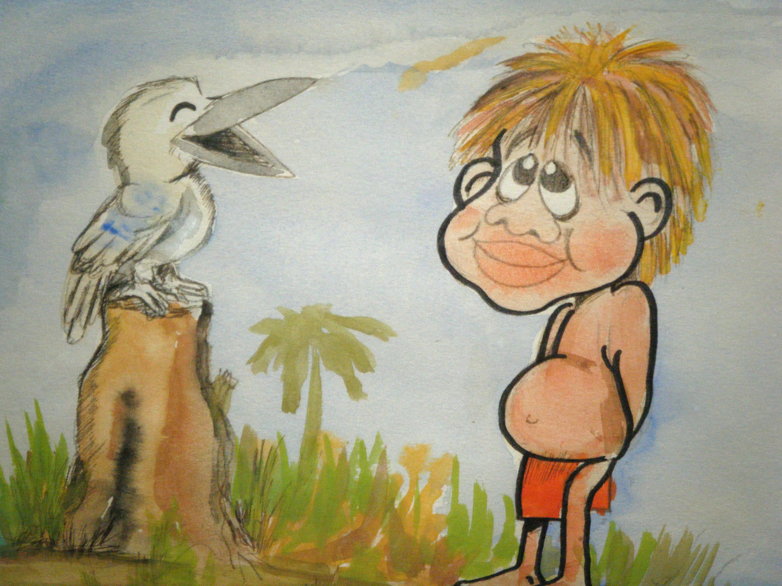 Vintage c1985 Framed Cartoon Australian Artwork - Aboriginal Boy & Kookaburra