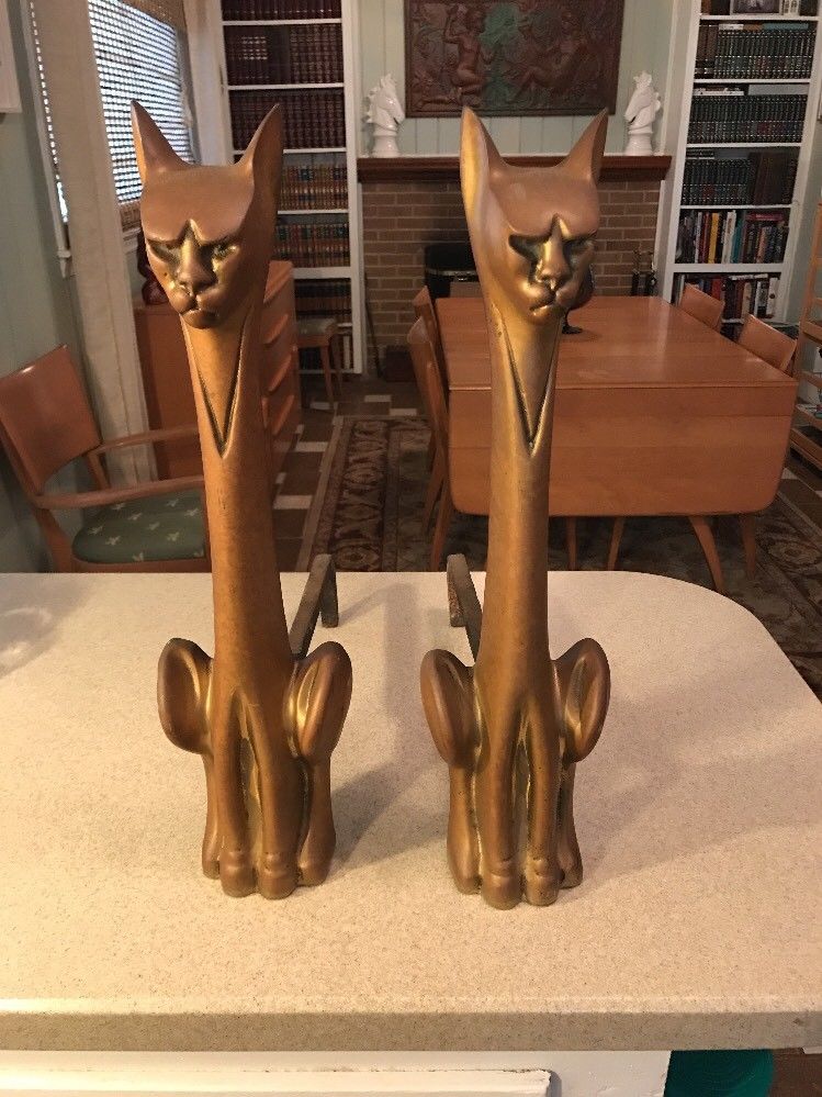 Antique Art Deco Brass Cat Andirons Mid Century
