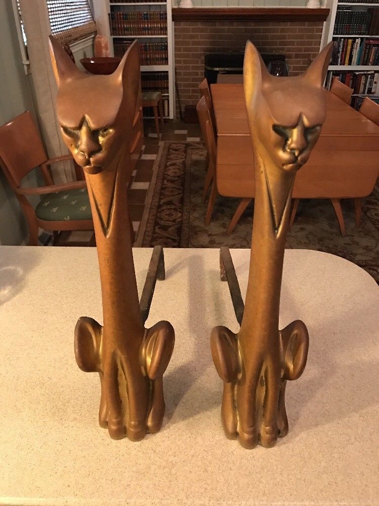 Antique Art Deco Brass Cat Andirons Mid Century