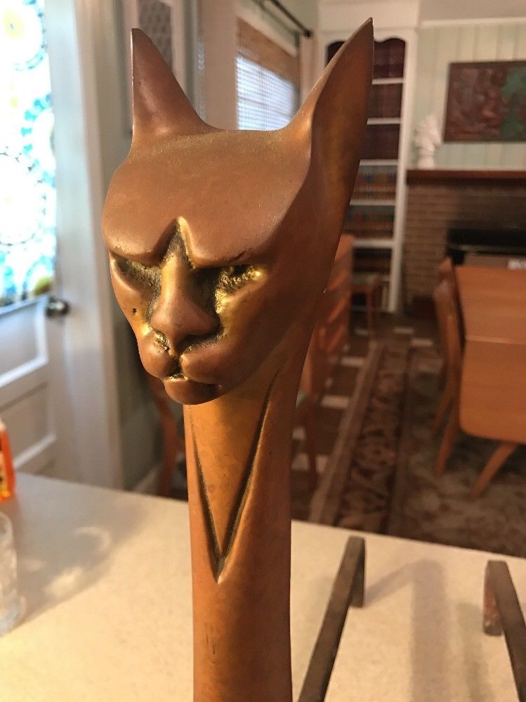 Antique Art Deco Brass Cat Andirons Mid Century