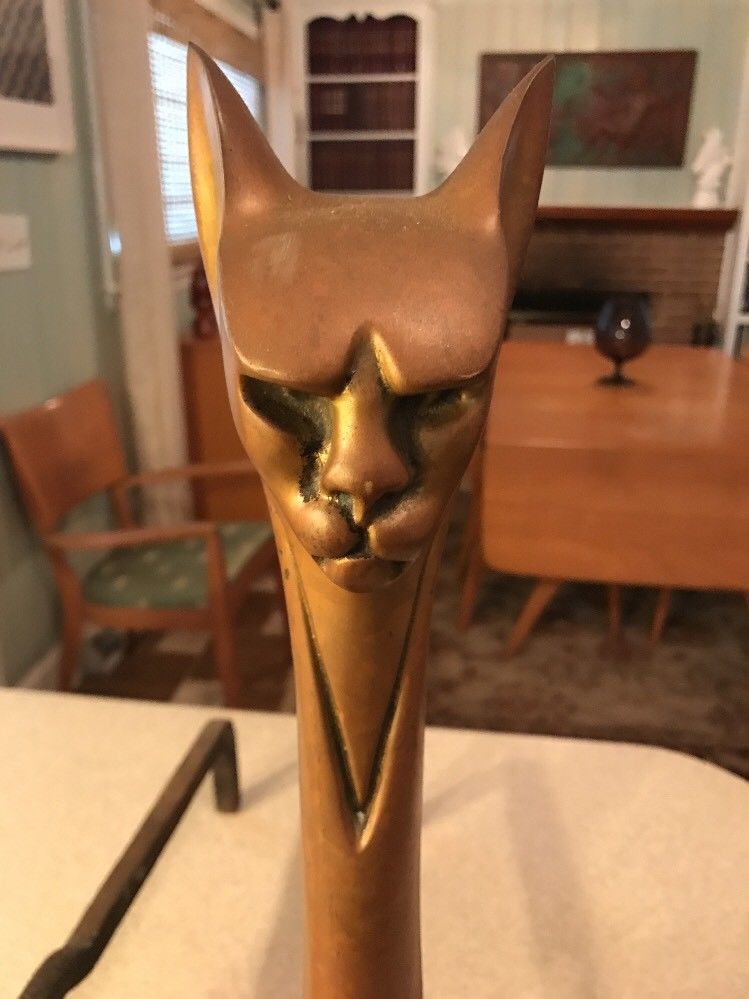 Antique Art Deco Brass Cat Andirons Mid Century