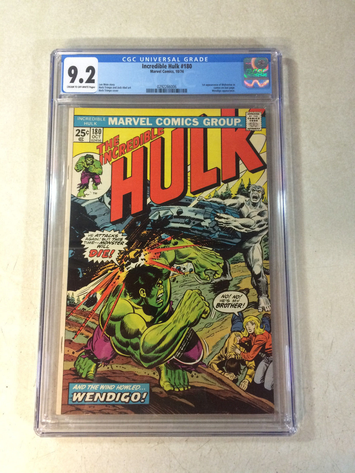 INCREDIBLE HULK #180 CGC 9.2 KEY ISSUE, 1ST WOLVERINE, 1974, WENDIGO, AWESOME!!