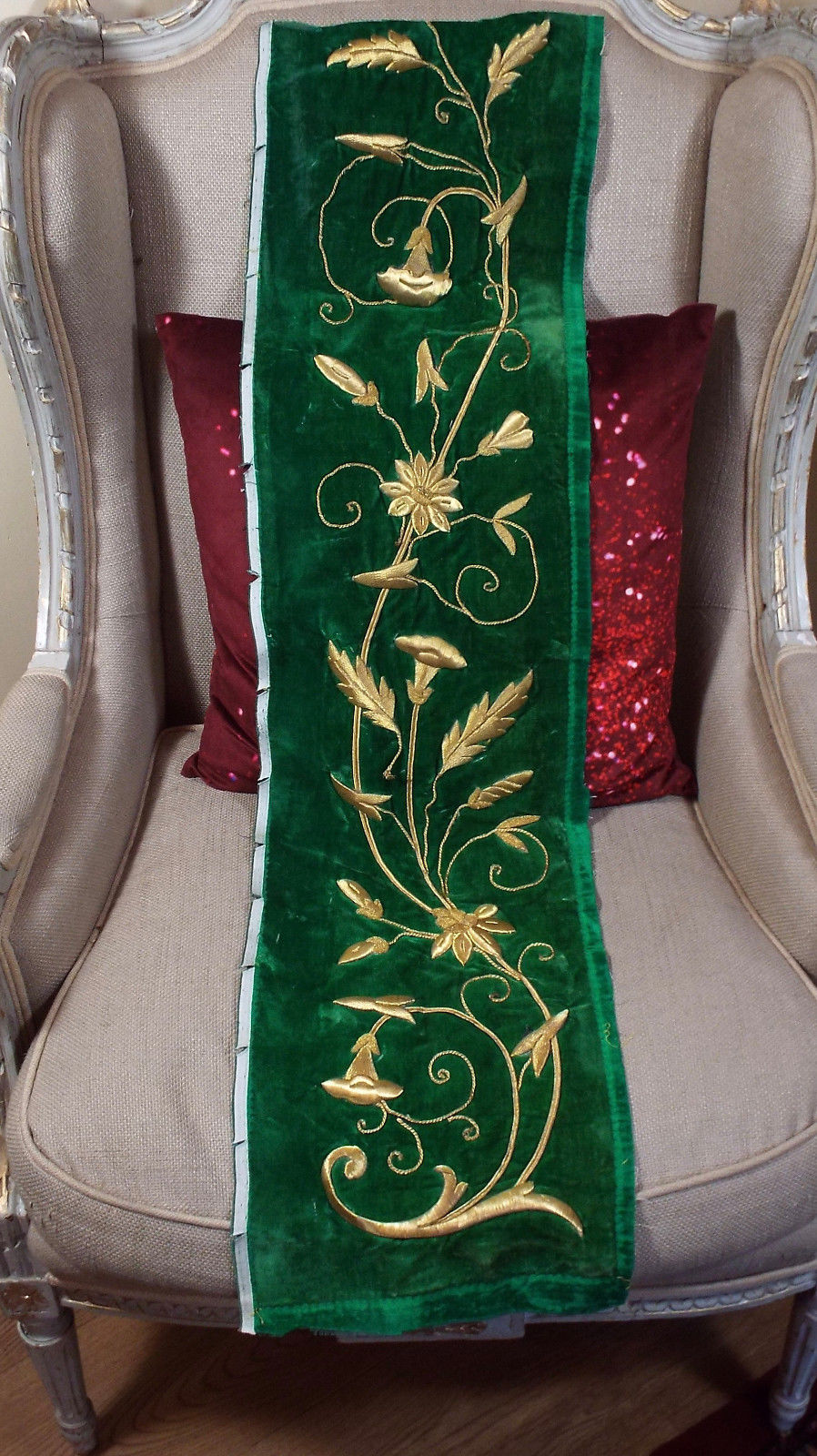 Antique French Gold Metallic Embroidery Roses Flower Stumpwork Green Velvet