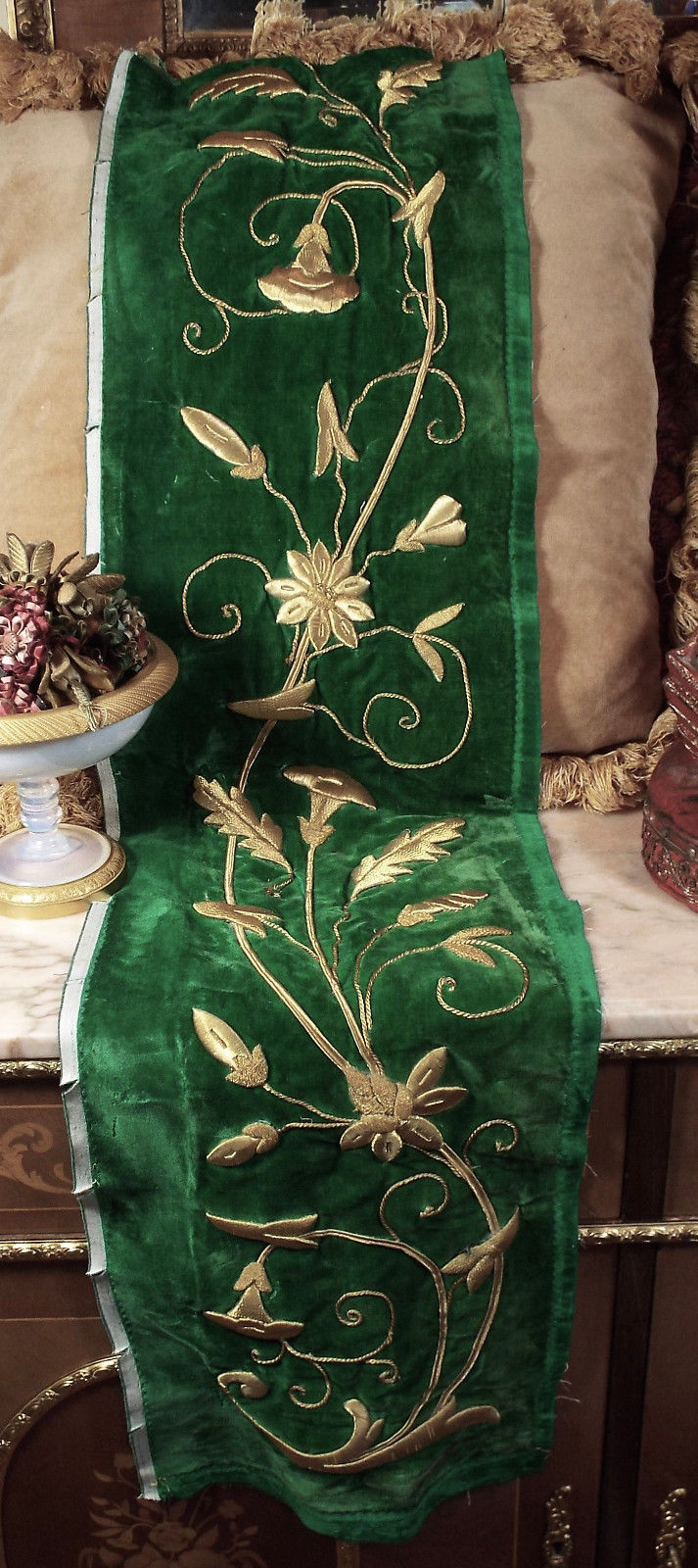 Antique French Gold Metallic Embroidery Roses Flower Stumpwork Green Velvet