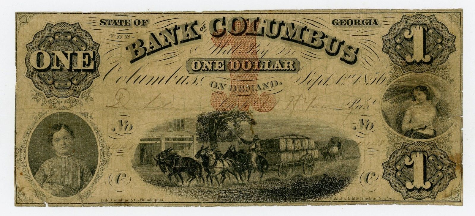 1856 $1 The Bank of Columbus, GEORGIA Note w/ SLAVE