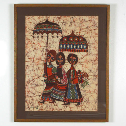 Batik Print (Women w/ Umbrellas) by Amos Amit Signed 1978 Framed 31"x25"