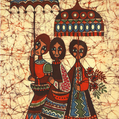 Batik Print (Women w/ Umbrellas) by Amos Amit Signed 1978 Framed 31"x25"