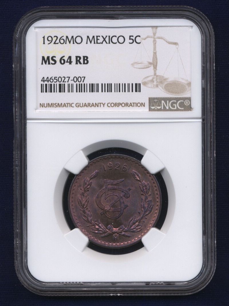 MEXICO ESTADOS UNIDOS 1926  5 CENTAVOS COIN CERTIFIED UNCIRCULATED NGC MS64-RB