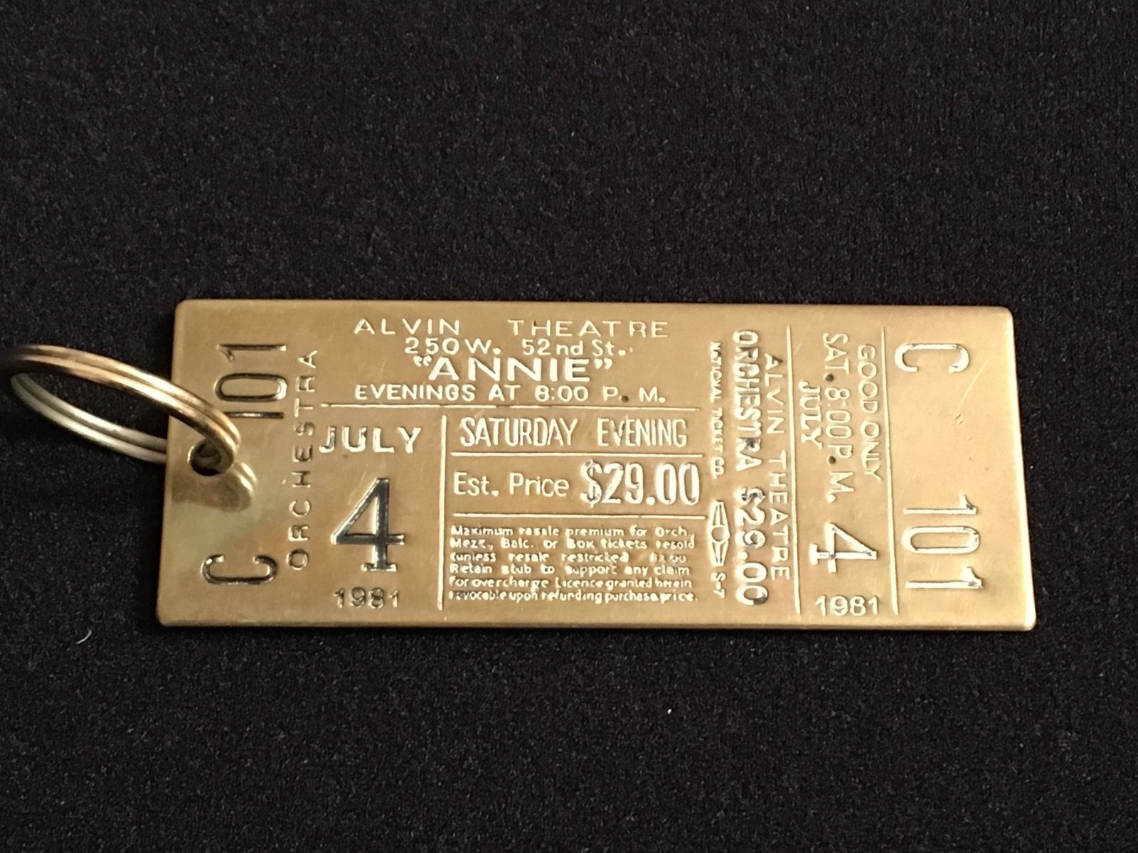 Annie Broadway Musical 1981 Vintage Brass Metal Ticket Souvenir Keychain