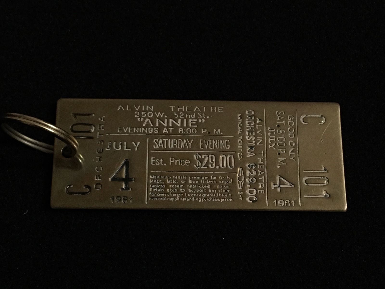 Annie Broadway Musical 1981 Vintage Brass Metal Ticket Souvenir Keychain