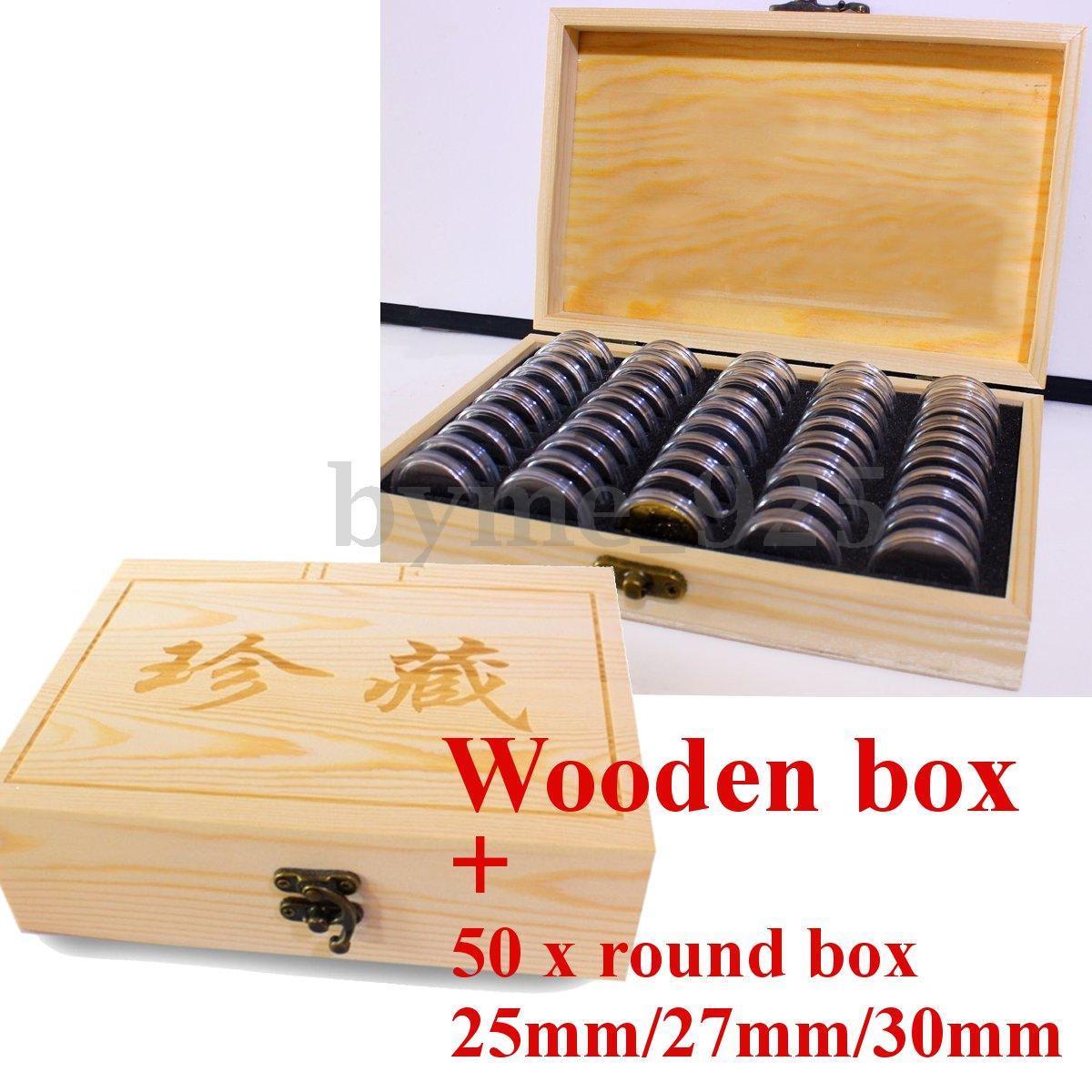 50Pcs Capsules 25/27/30mm Wooden Round Coins Holders Display Case Storage Box