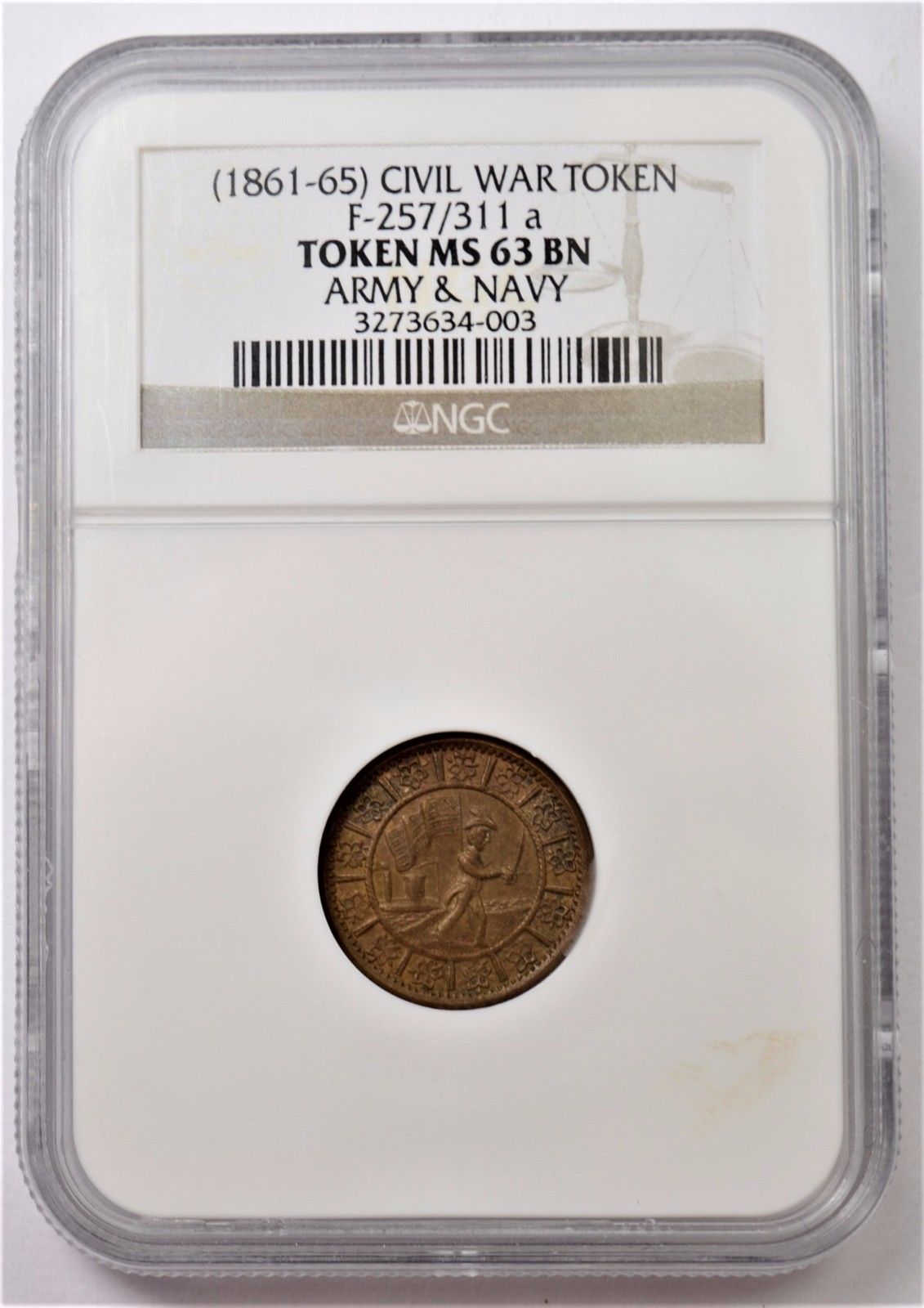 1861-65  CIVIL WAR TOKEN - ARMY & NAVY - F-257/311A - MS63BN NGC - R3