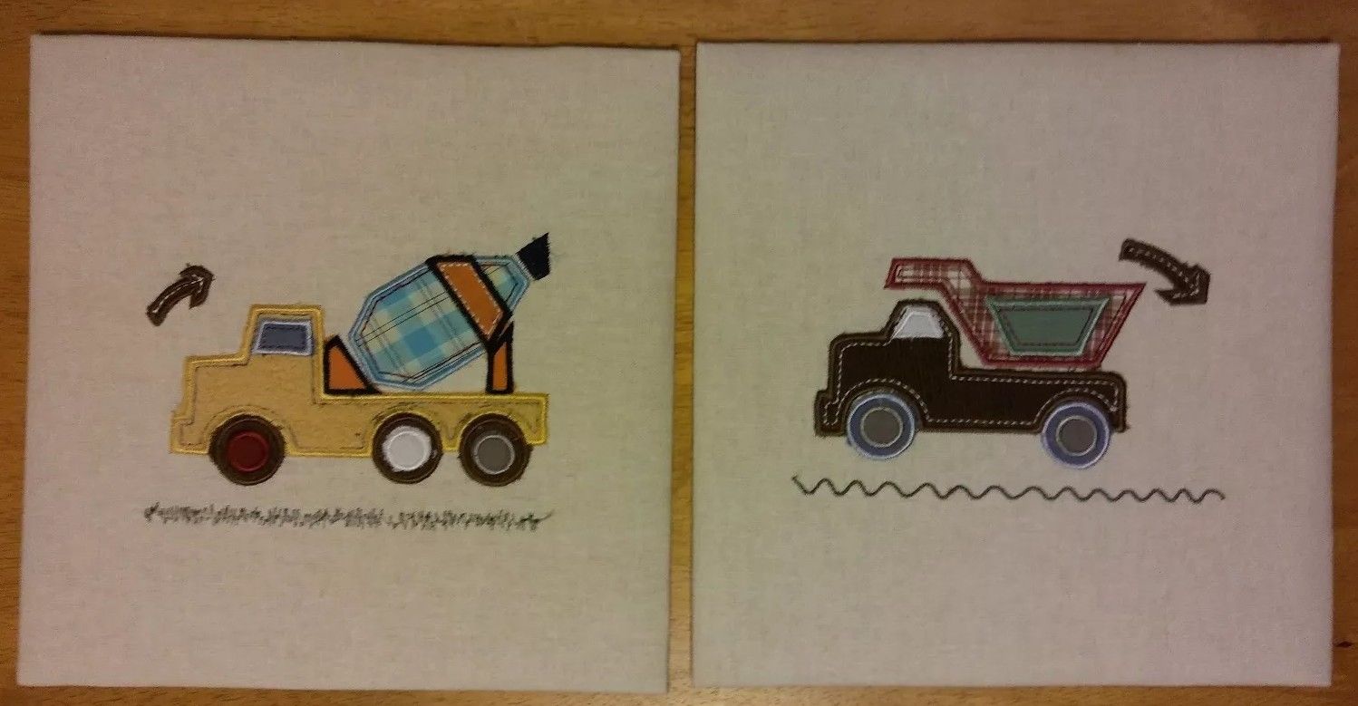 Lot of 2 Kidslines Embroidered Pictures Of Trucks. No Frames