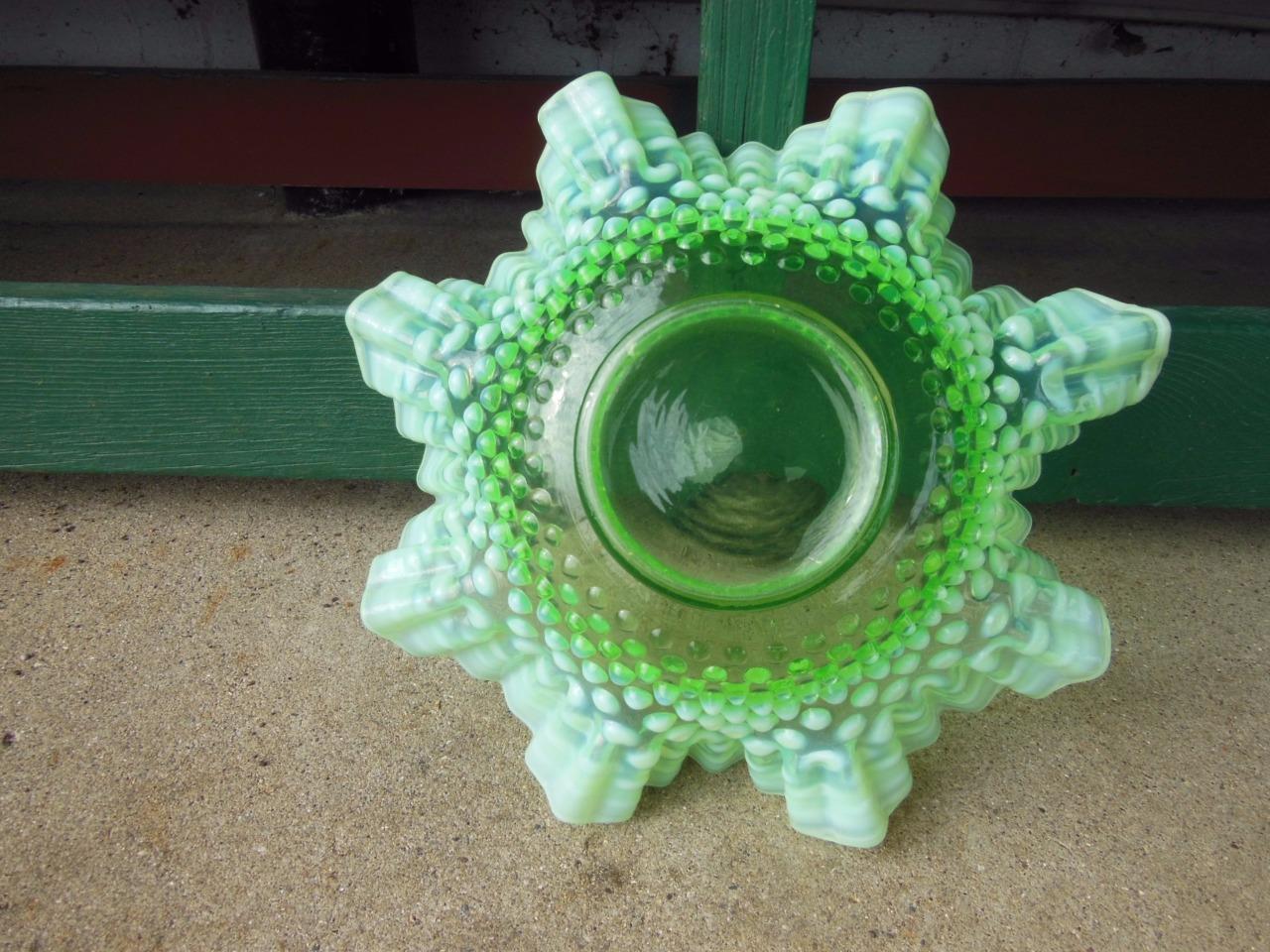 ANTIQUE FENTON RUFFLED GREEN OPALESCENT HOBNAIL ART GLASS BOWL