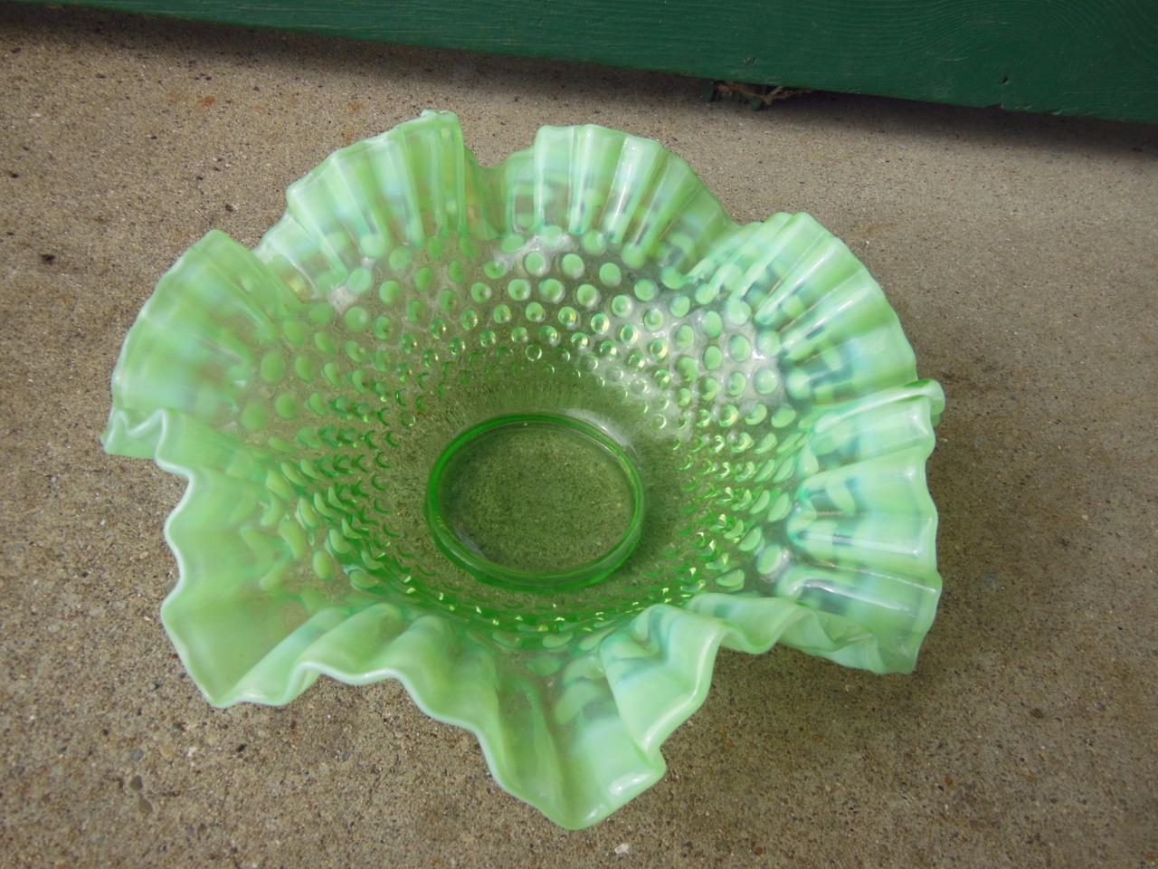 ANTIQUE FENTON RUFFLED GREEN OPALESCENT HOBNAIL ART GLASS BOWL