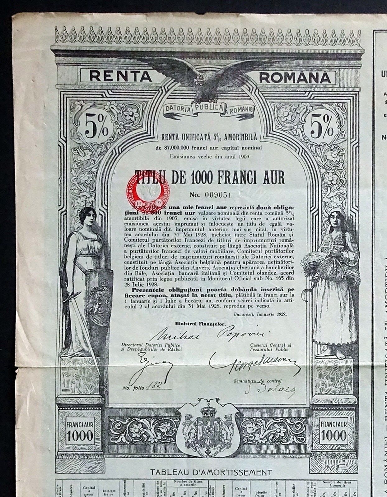 1929 Romania: Renta Romana, 1000 Franci Aur - uncancelled Gold Bond w/ coupons