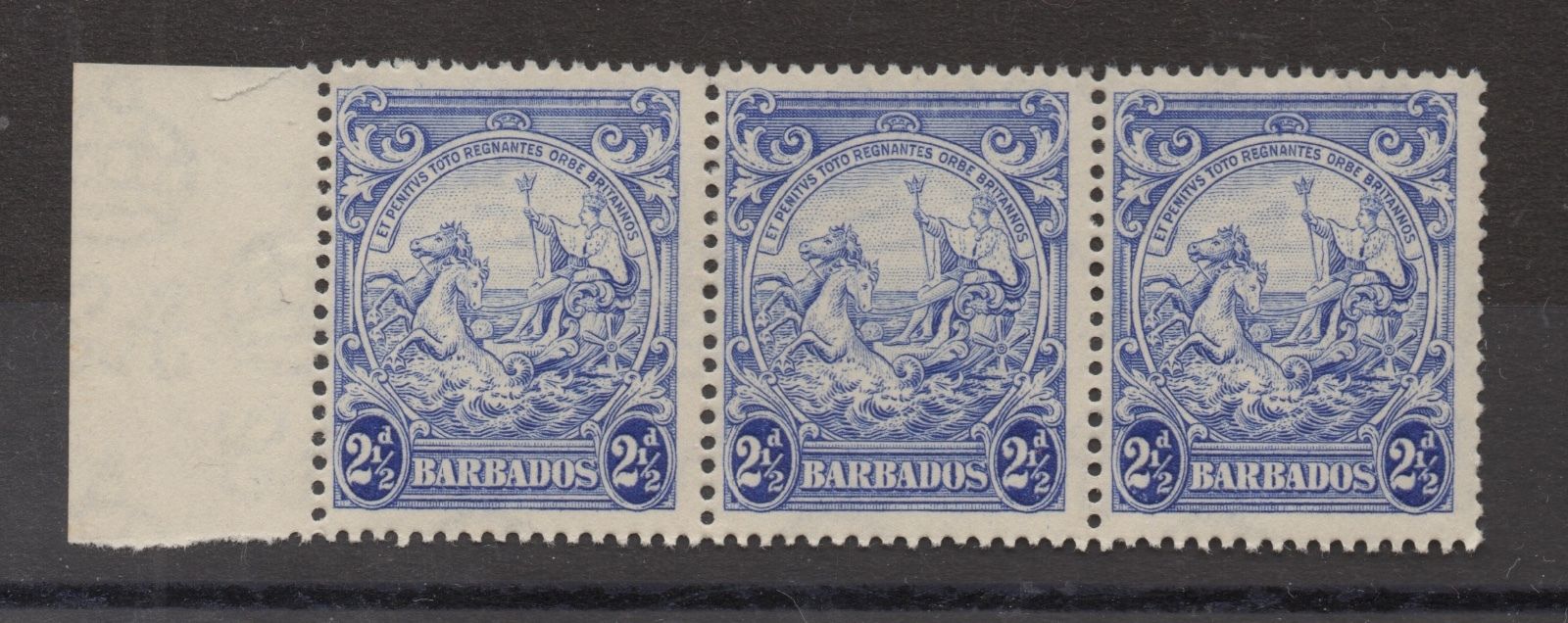 Barbados. 1938. sg251bb. 2 1/2 D Blue Strip X 3 with Ornament error. on *