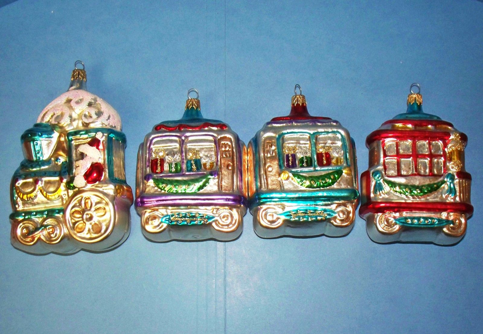 Vintage 4 Piece Glass Christmas Tree Ornaments Train Set Engine Cars Caboose ACS