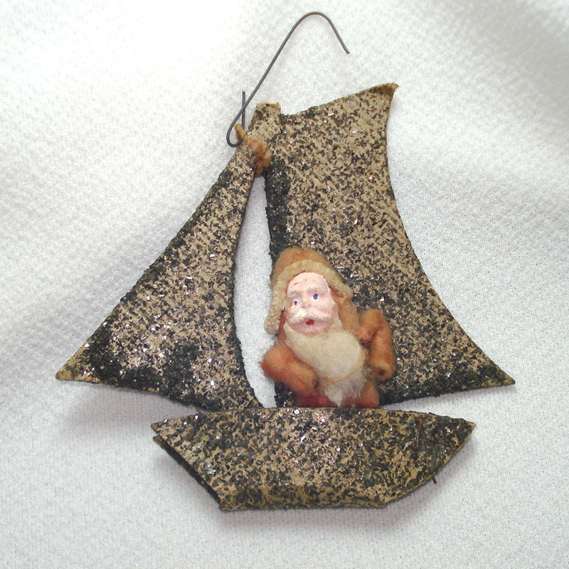 1920s Cotton Batting Santa Claus in Mica Sailboat Christmas Ornament