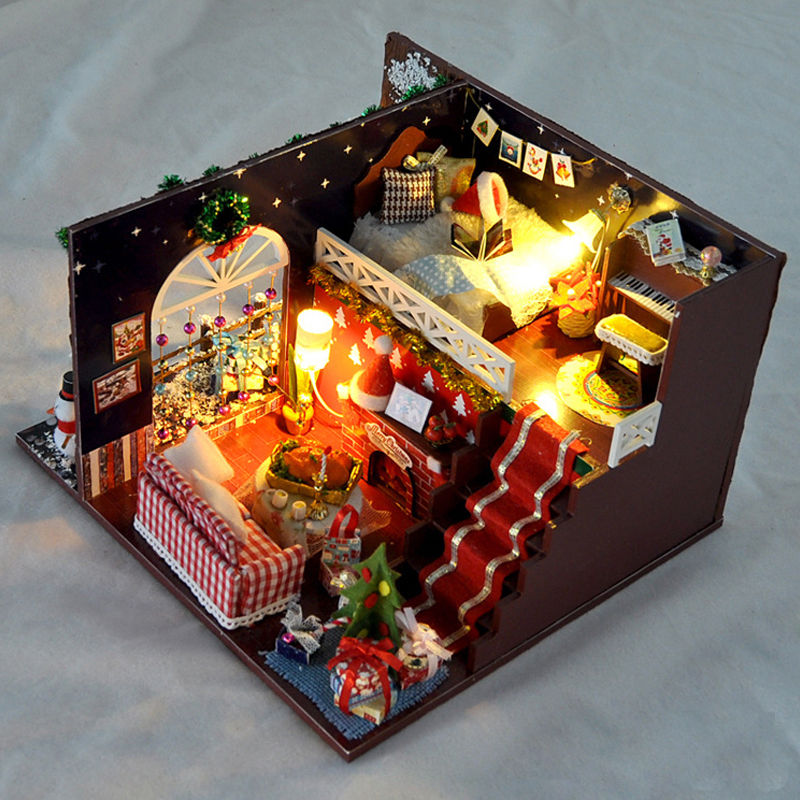 DIY Christmas House Assemble Miniature Dollhouse LED Furniture Kit Xmas Gift