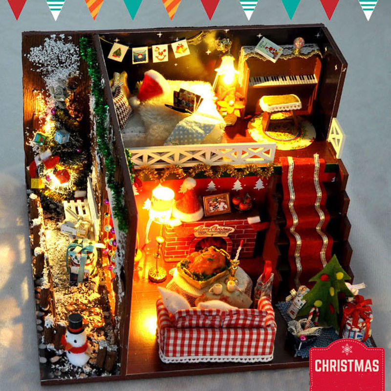 DIY Christmas House Assemble Miniature Dollhouse LED Furniture Kit Xmas Gift