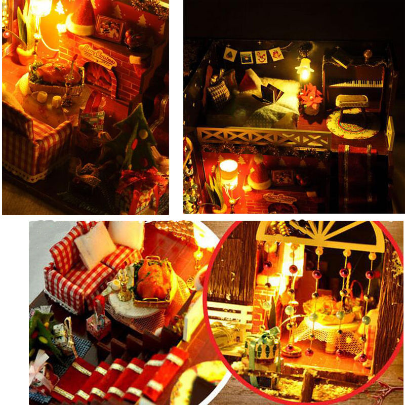 DIY Christmas House Assemble Miniature Dollhouse LED Furniture Kit Xmas Gift