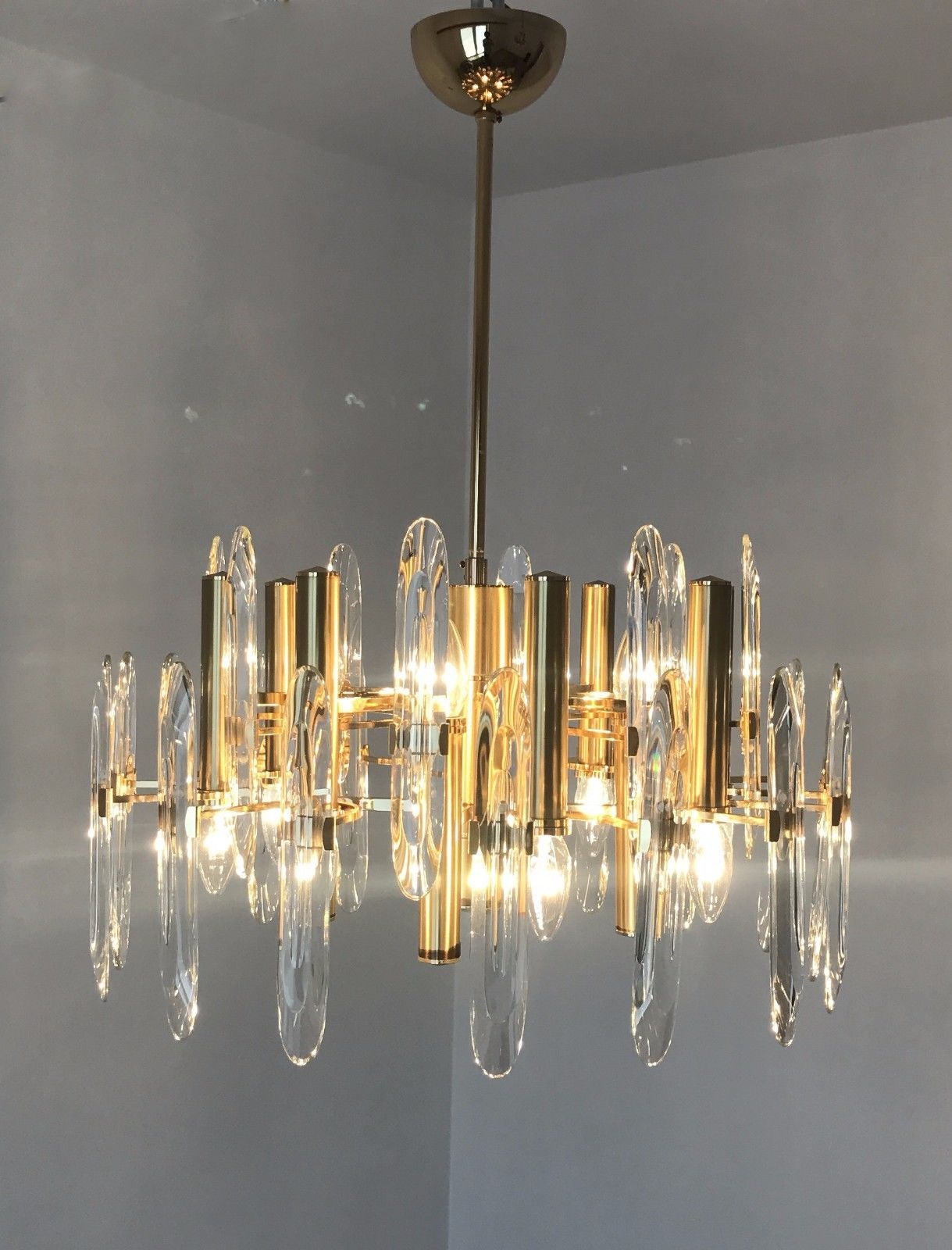 Gaetano Sciolari Crystal Brass Chandelier Mid-Century Murano Modernism Lamp 70s