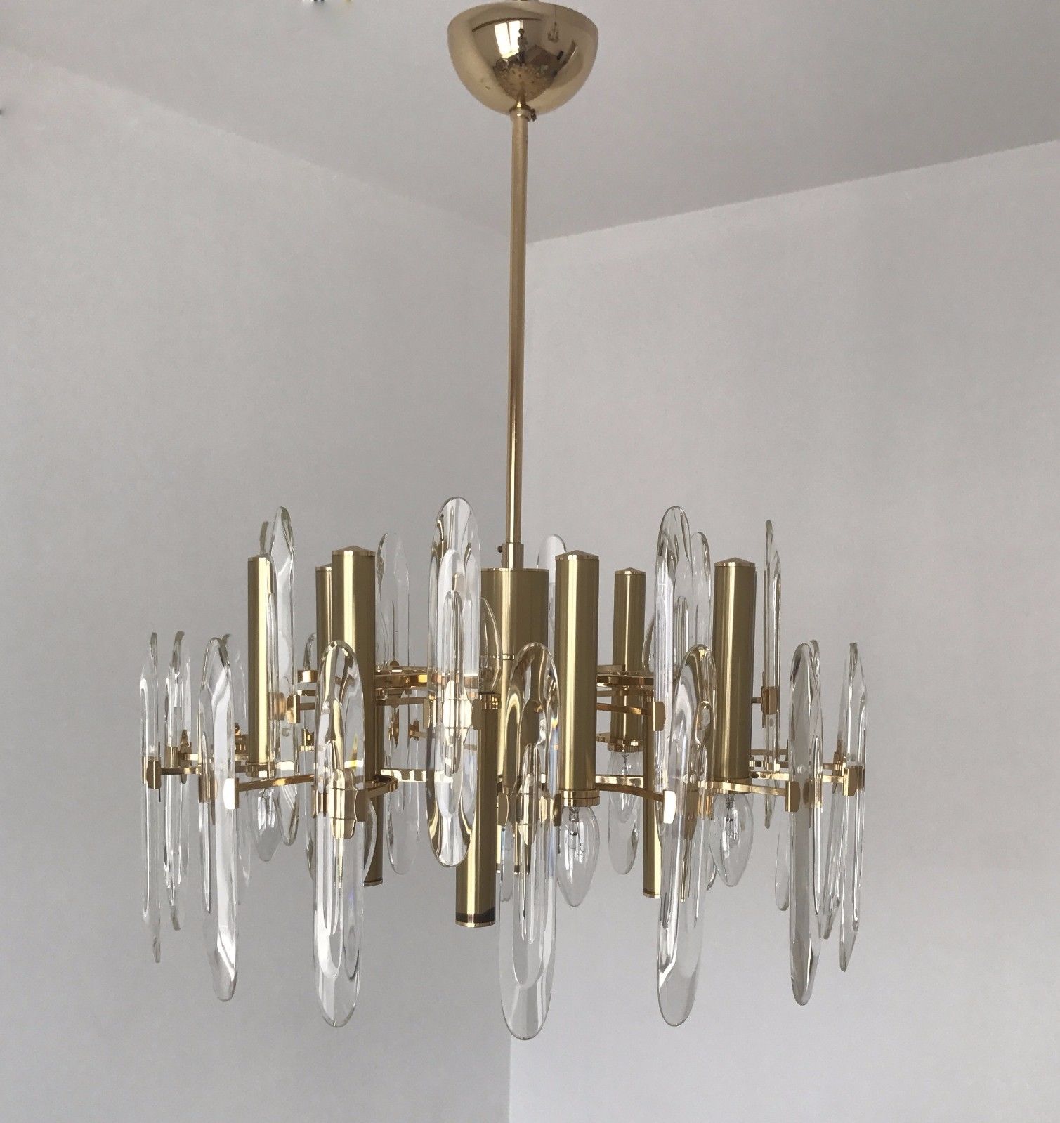 Gaetano Sciolari Crystal Brass Chandelier Mid-Century Murano Modernism Lamp 70s