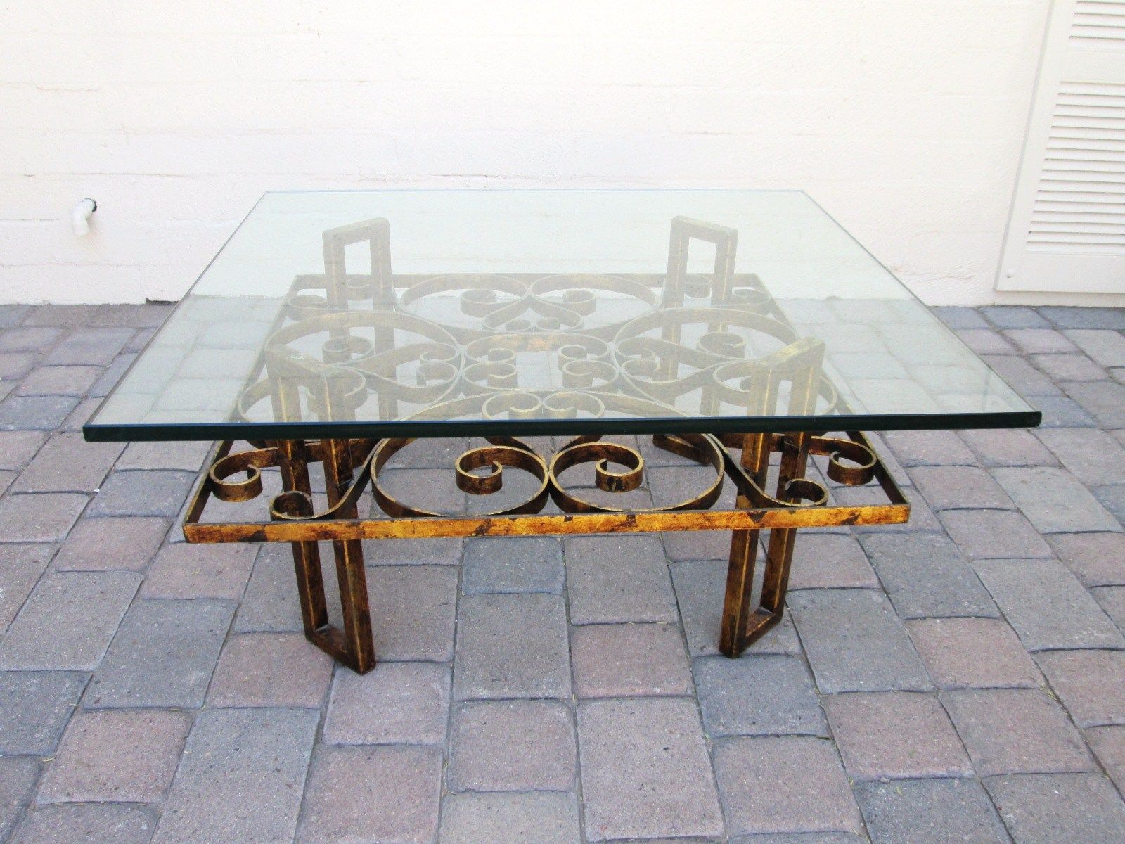 Vintage French Gilt Scrolled Iron Coffee Table with Thick Glass
