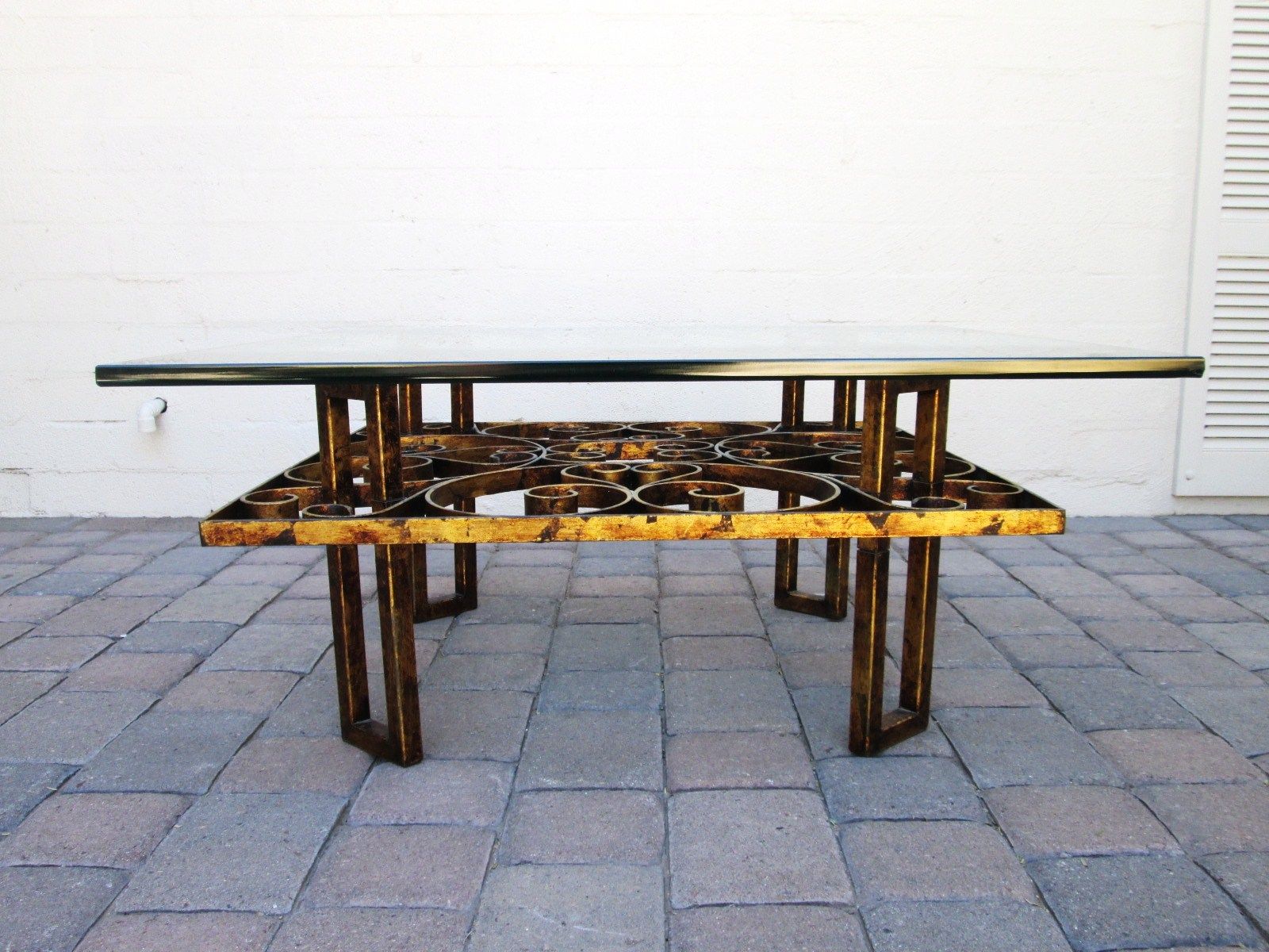 Vintage French Gilt Scrolled Iron Coffee Table with Thick Glass