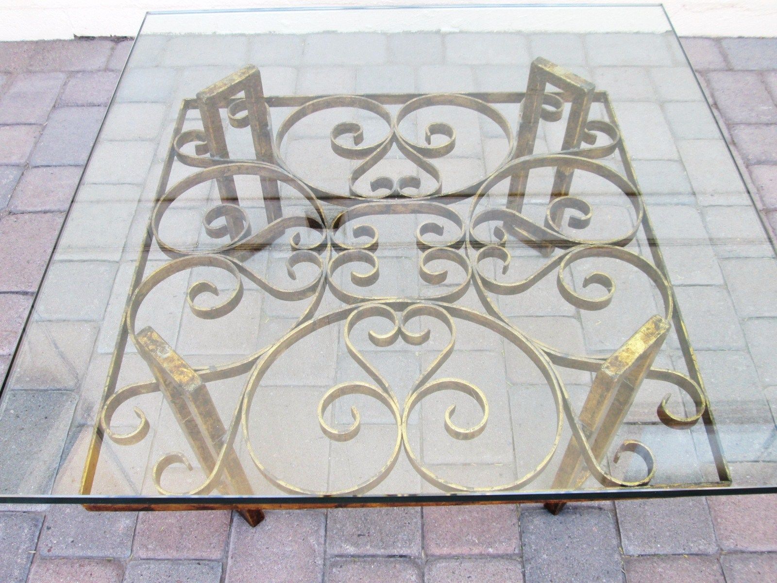 Vintage French Gilt Scrolled Iron Coffee Table with Thick Glass