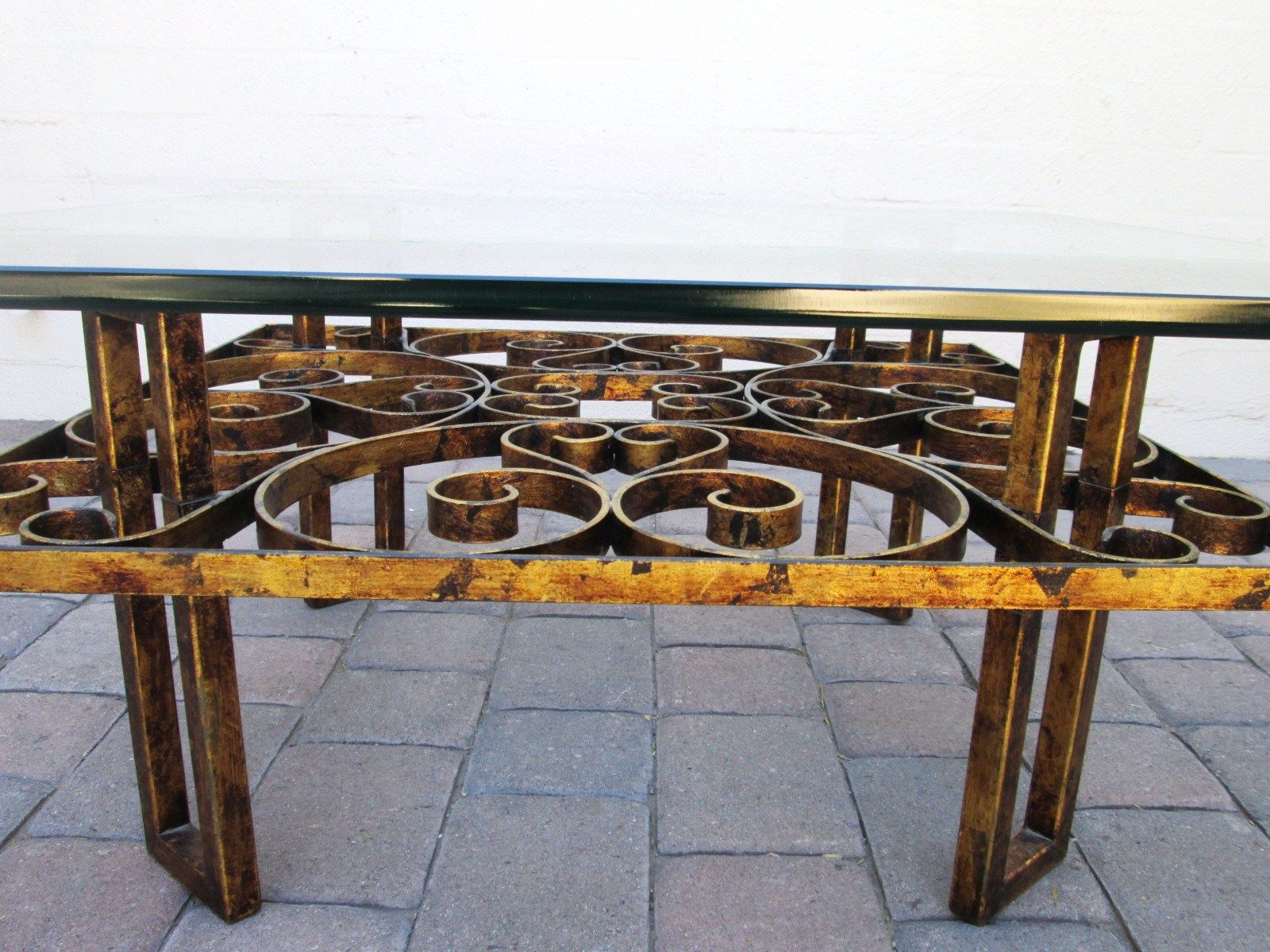 Vintage French Gilt Scrolled Iron Coffee Table with Thick Glass