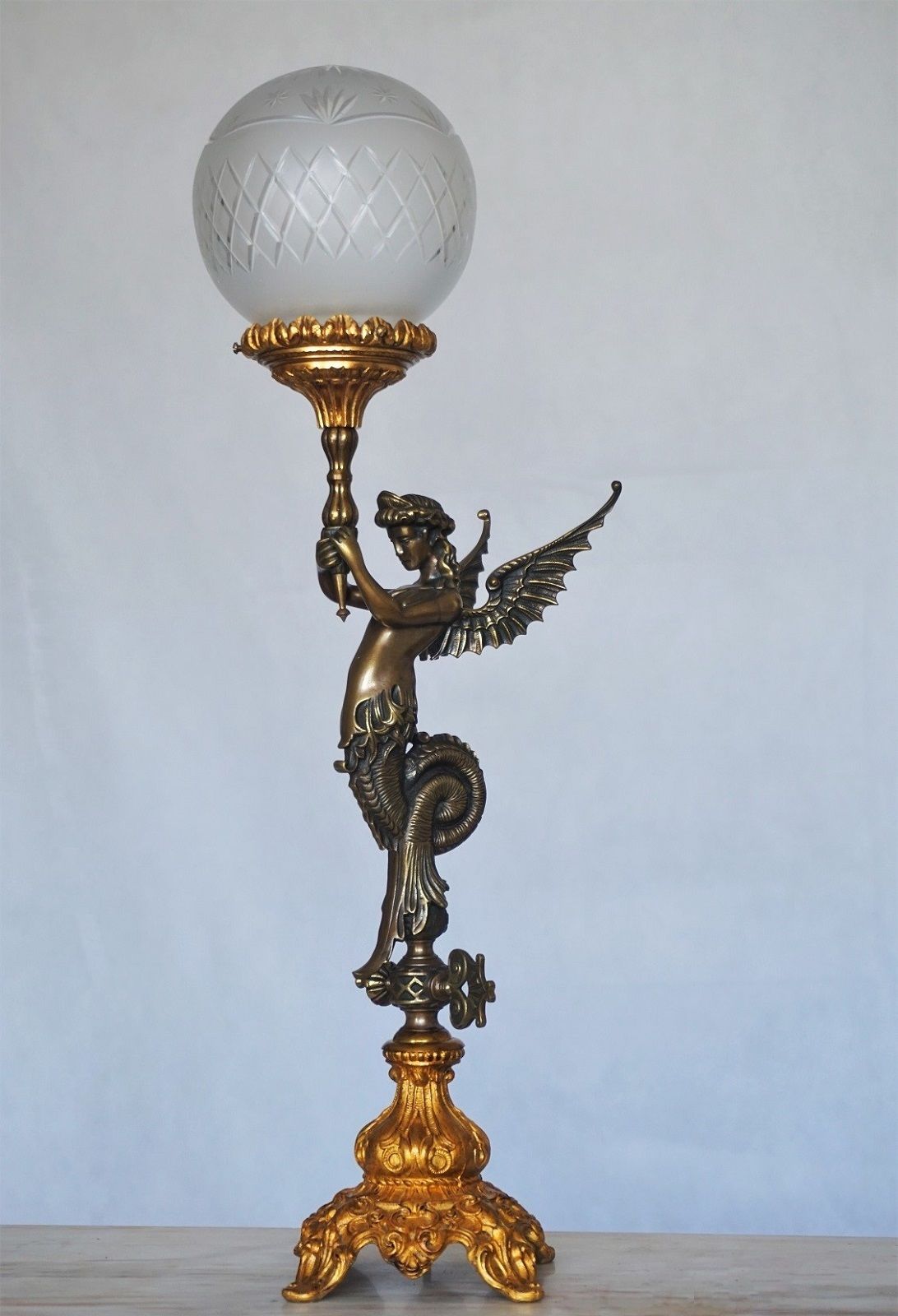 French Empire Bronze Figural Table Lamp 19th Century Candelabra w/ Gilt Accents