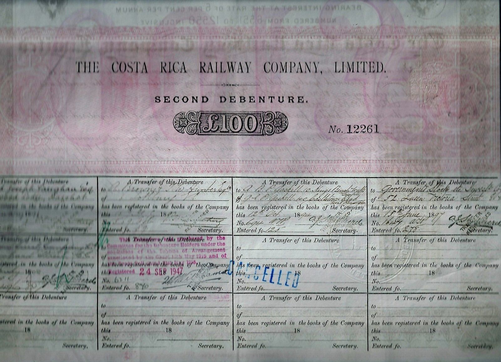 The Costa Rica Railway Company Ltd., 1889 second DEBENTURE