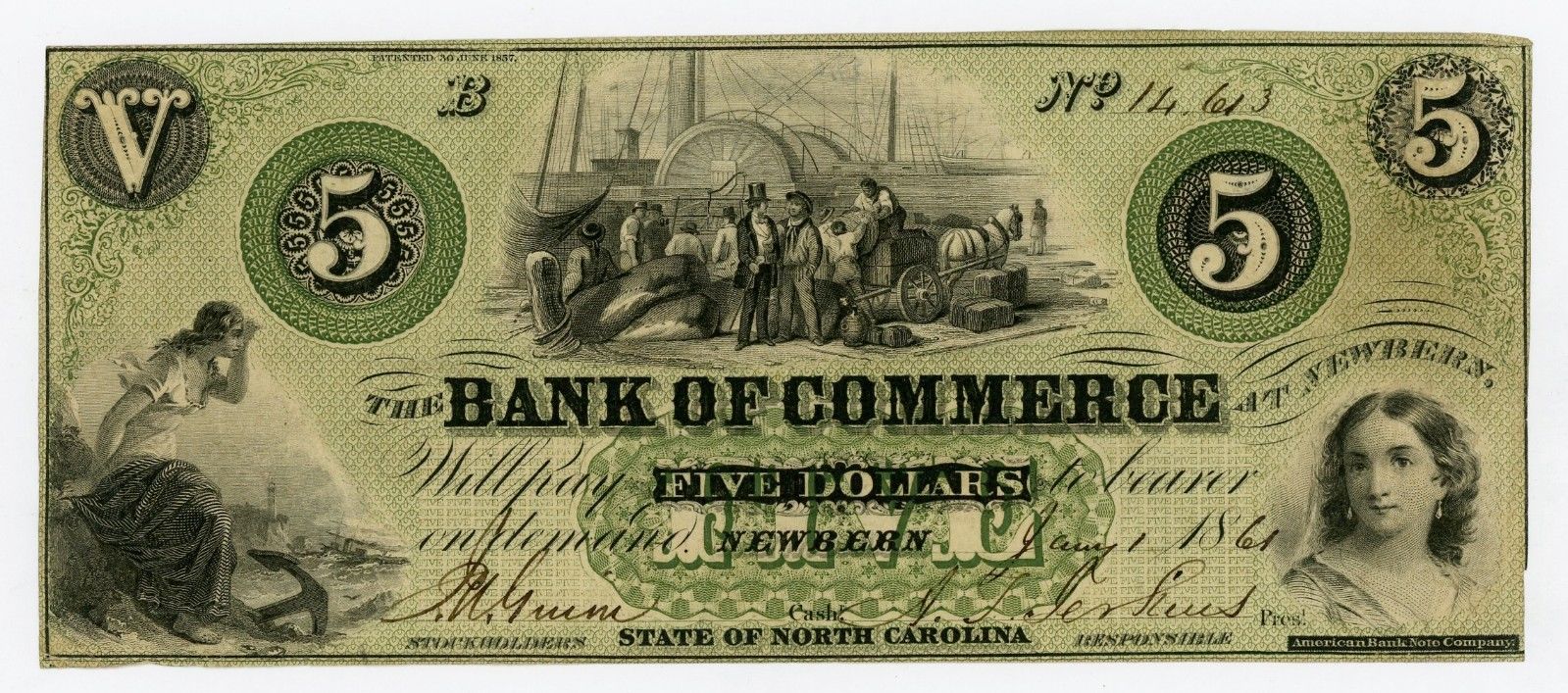 1861 $5 The Bank of Commerce - Newbern, NORTH CAROLINA Note