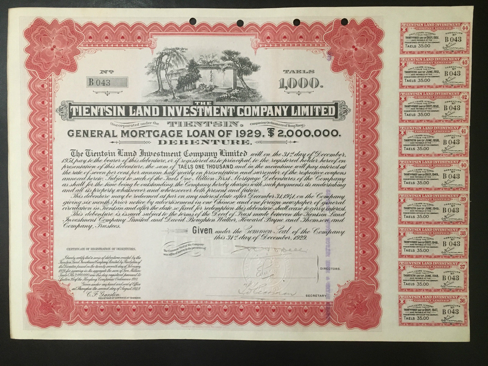 CHINA 1929 TIENTSIN LAND INVESTMENT 1,000 SILVER TAELS BOND LOAN UNCANCELLED