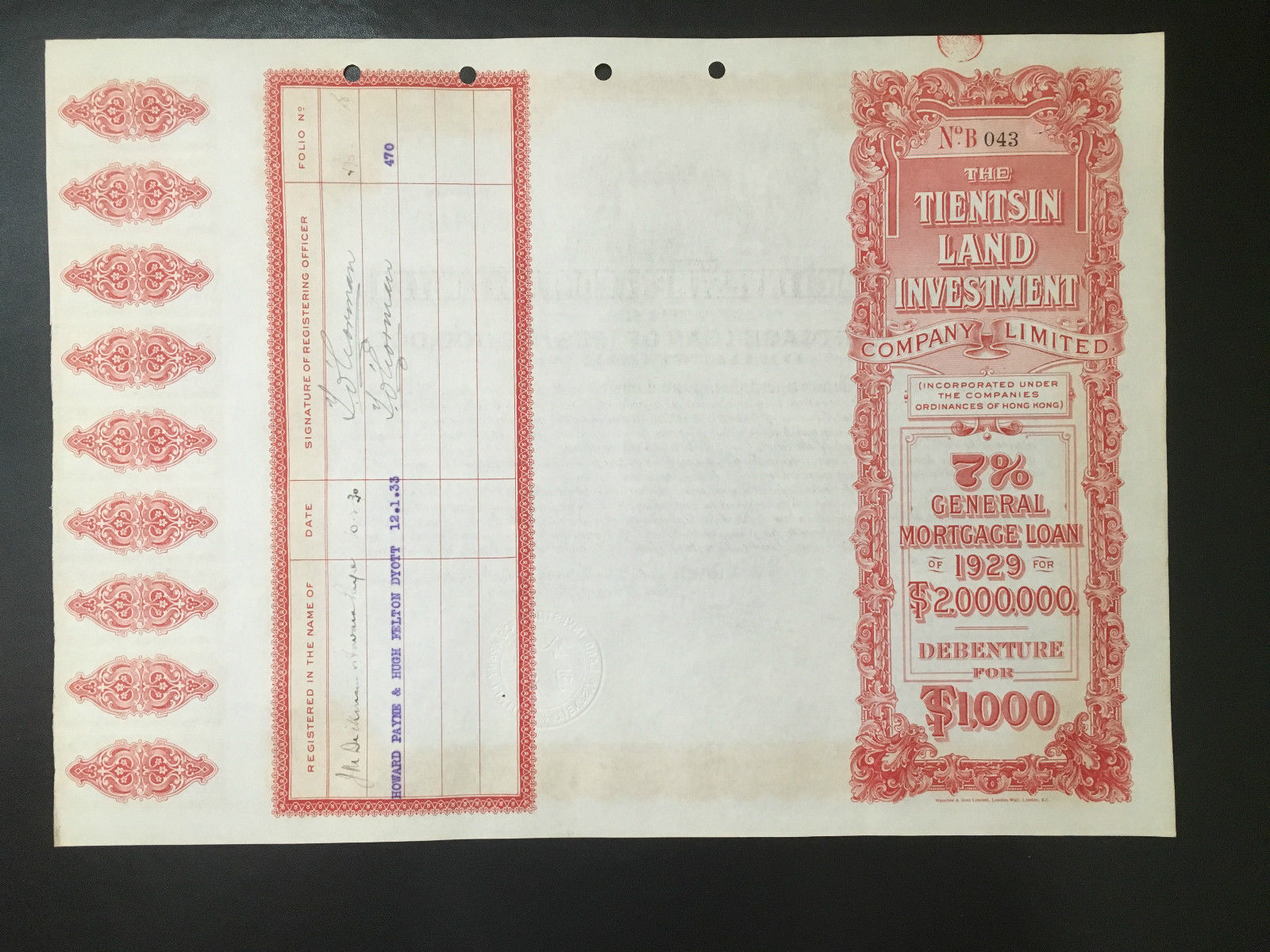 CHINA 1929 TIENTSIN LAND INVESTMENT 1,000 SILVER TAELS BOND LOAN UNCANCELLED