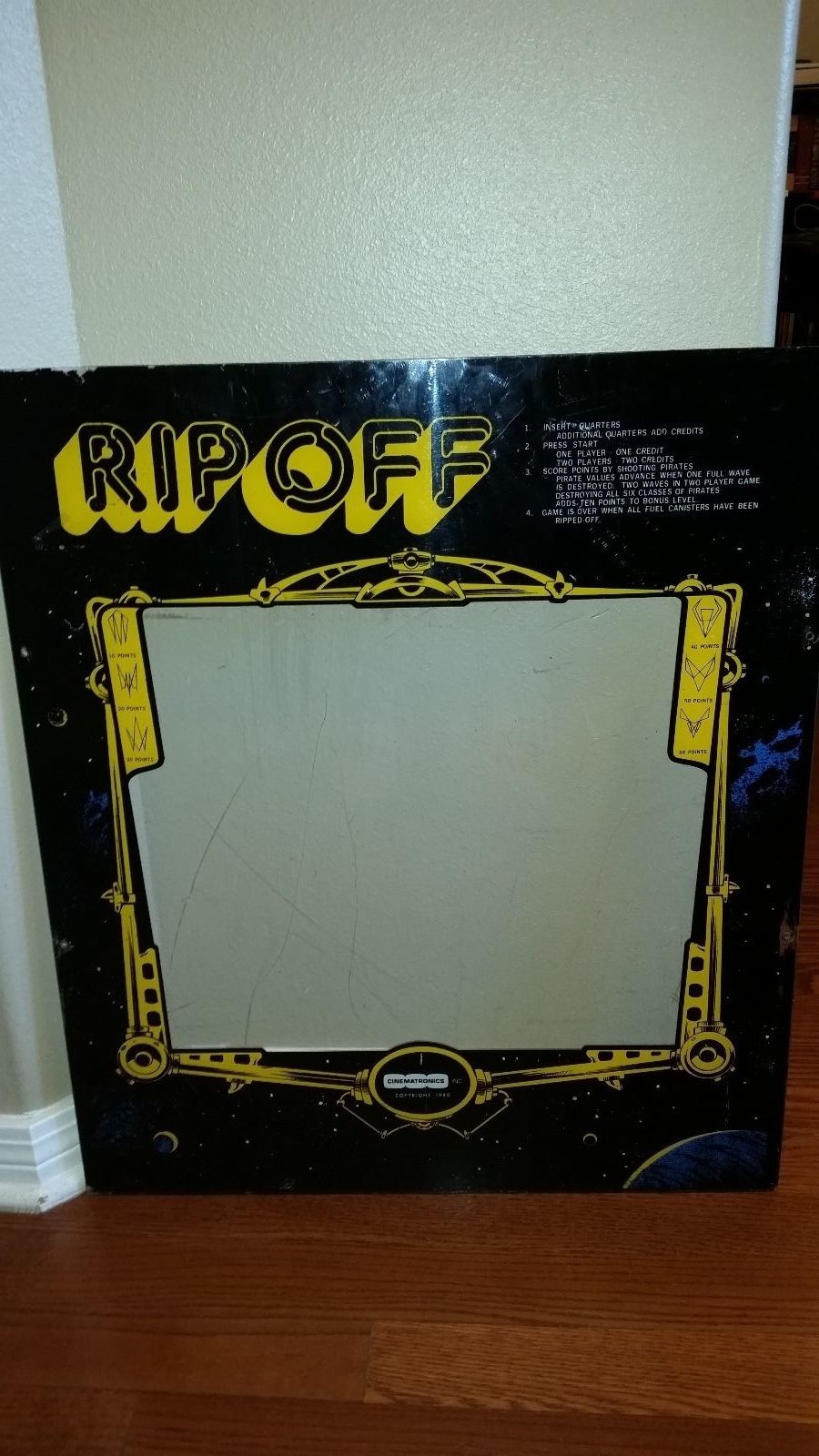 RIPP OFF Arcade Game Plexiglass "Glass" BEZEL-FREE SHIPPING! VERY, VERY, RARE!