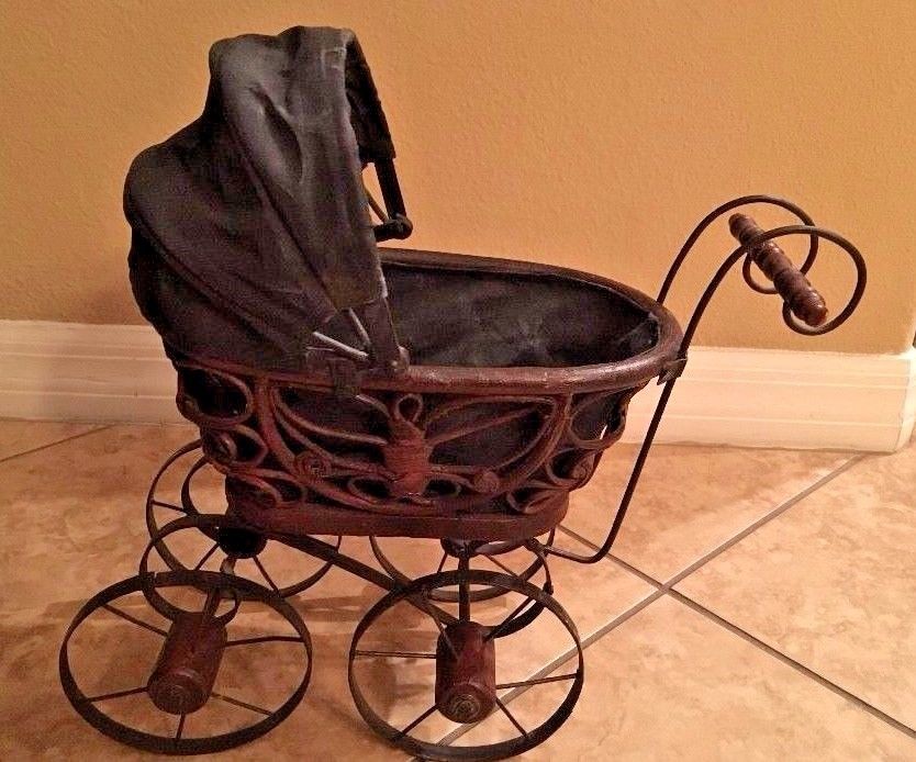 Wicker Baby Doll Carriage, Metal and Wood Wheels, Cloth Expandable Cover Vintage