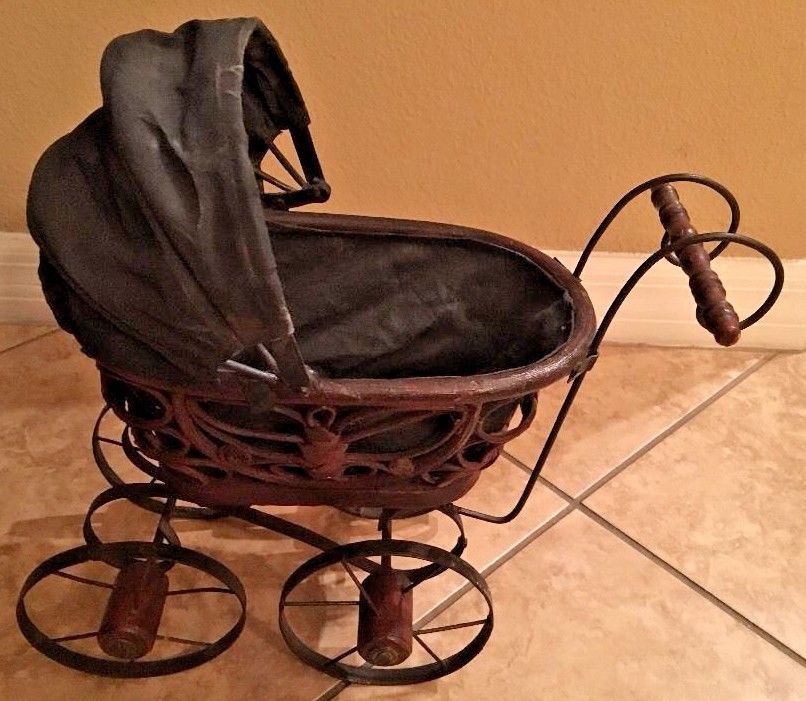 Wicker Baby Doll Carriage, Metal and Wood Wheels, Cloth Expandable Cover Vintage