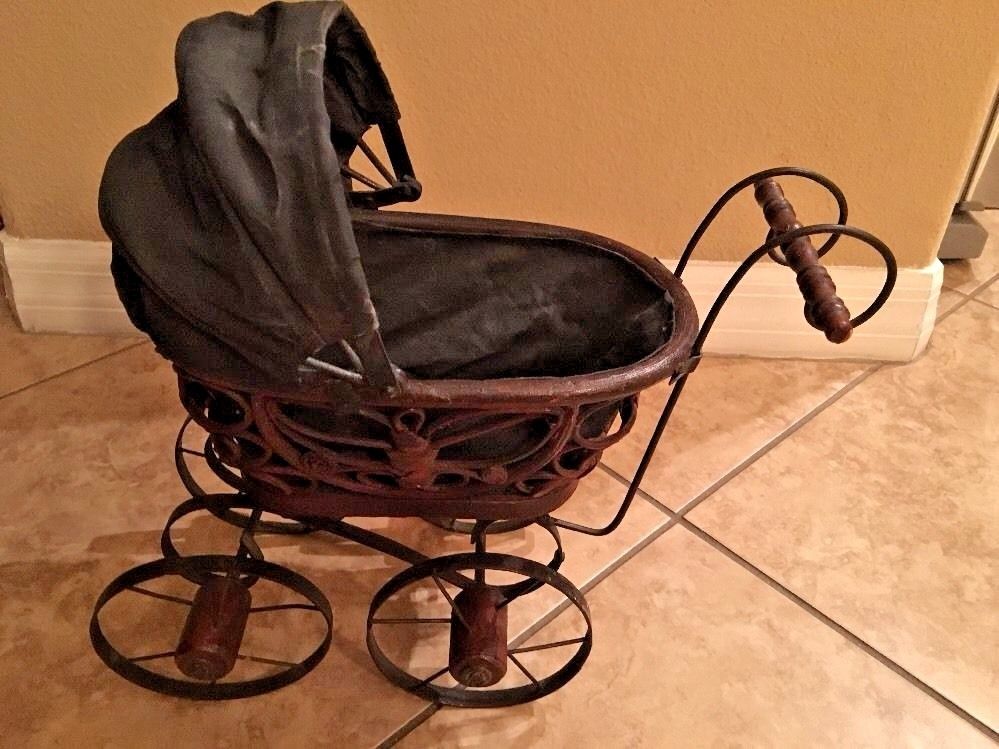 Wicker Baby Doll Carriage, Metal and Wood Wheels, Cloth Expandable Cover Vintage