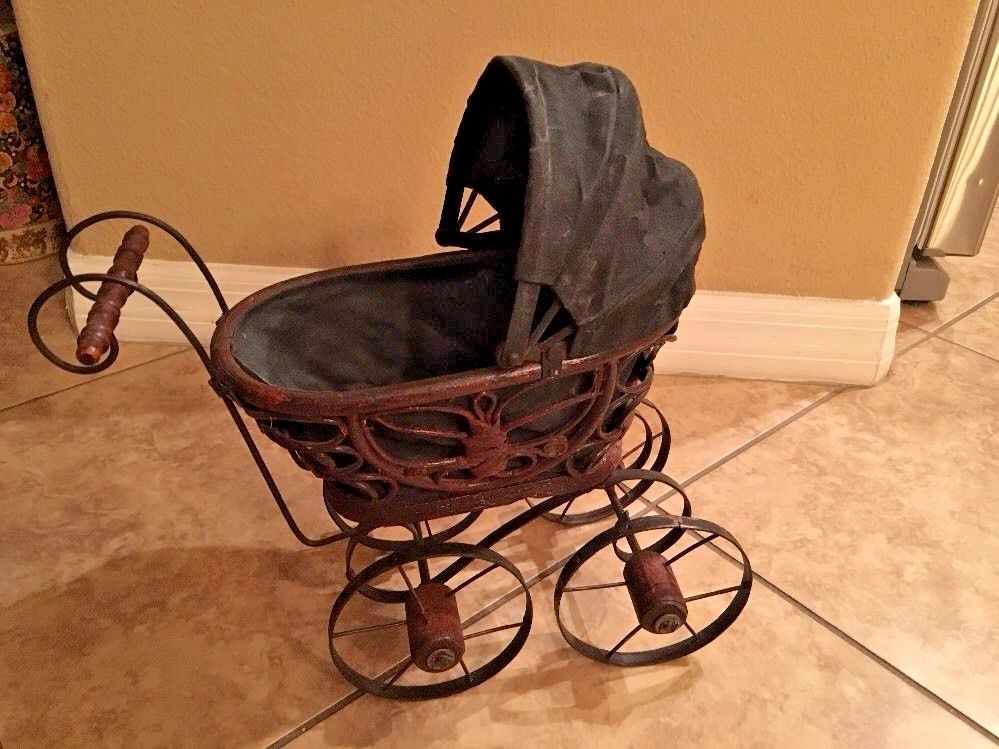 Wicker Baby Doll Carriage, Metal and Wood Wheels, Cloth Expandable Cover Vintage